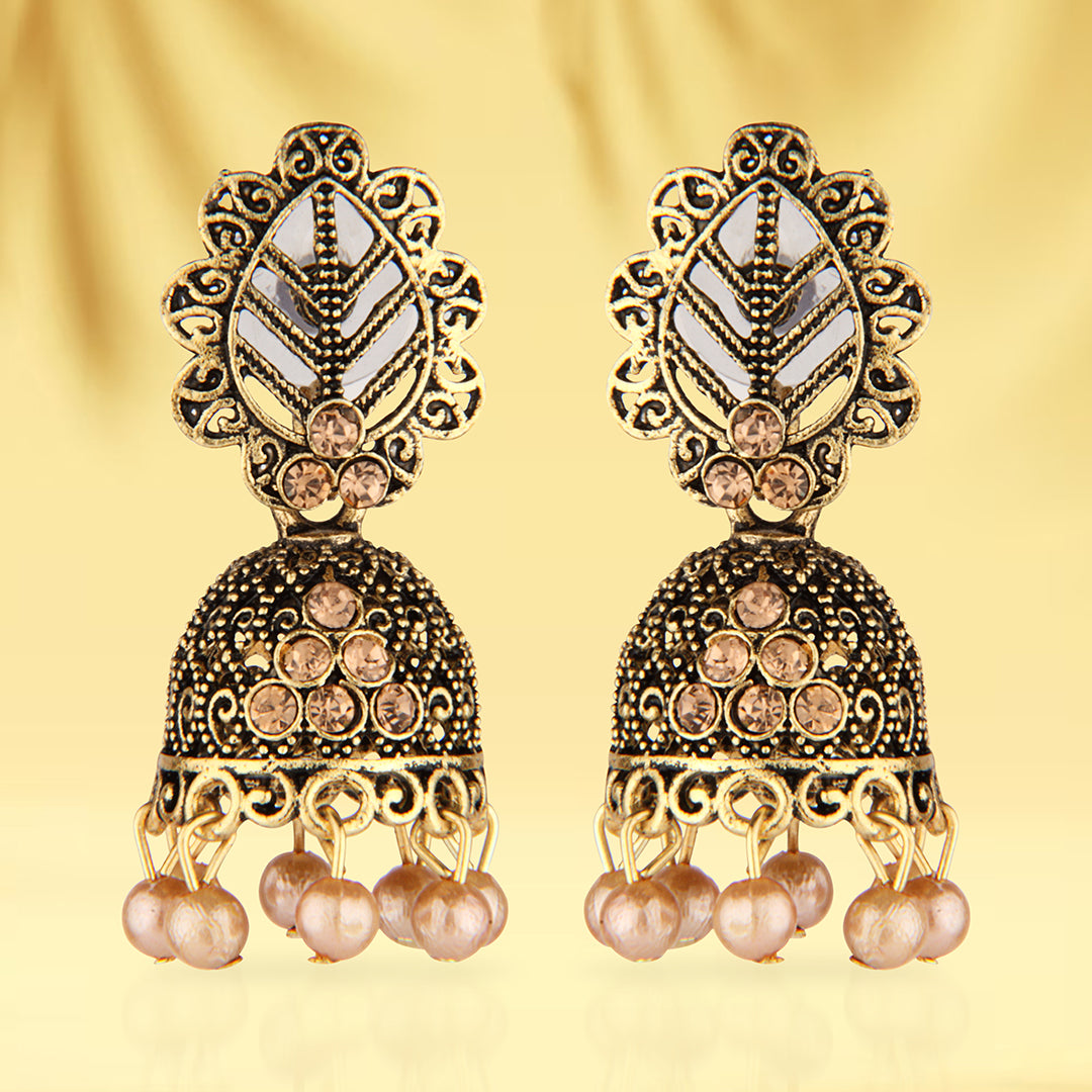 Antique Gold Oxidized Jhumka Earrings with Peach Pearls & Stones