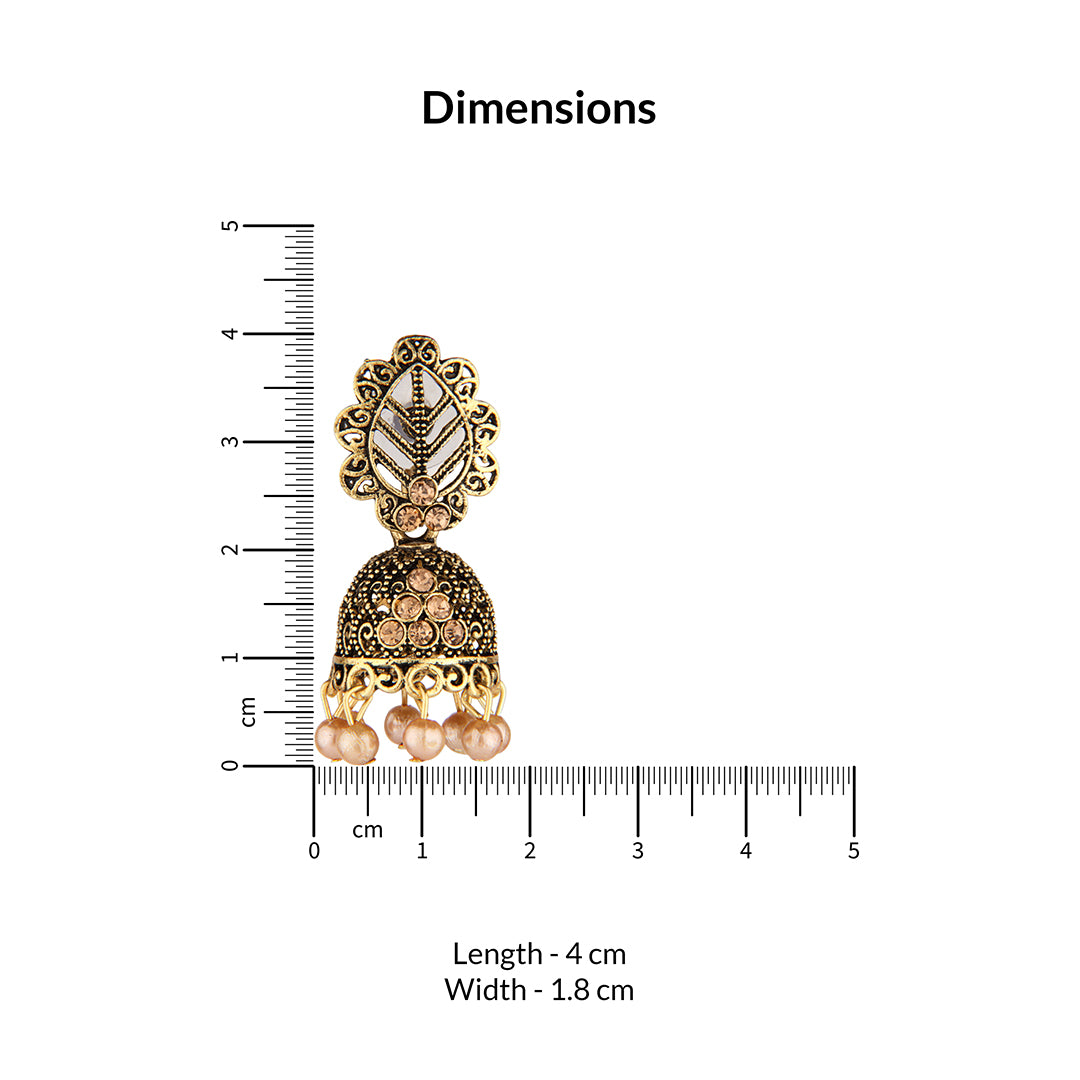 Antique Gold Oxidized Jhumka Earrings with Peach Pearls & Stones