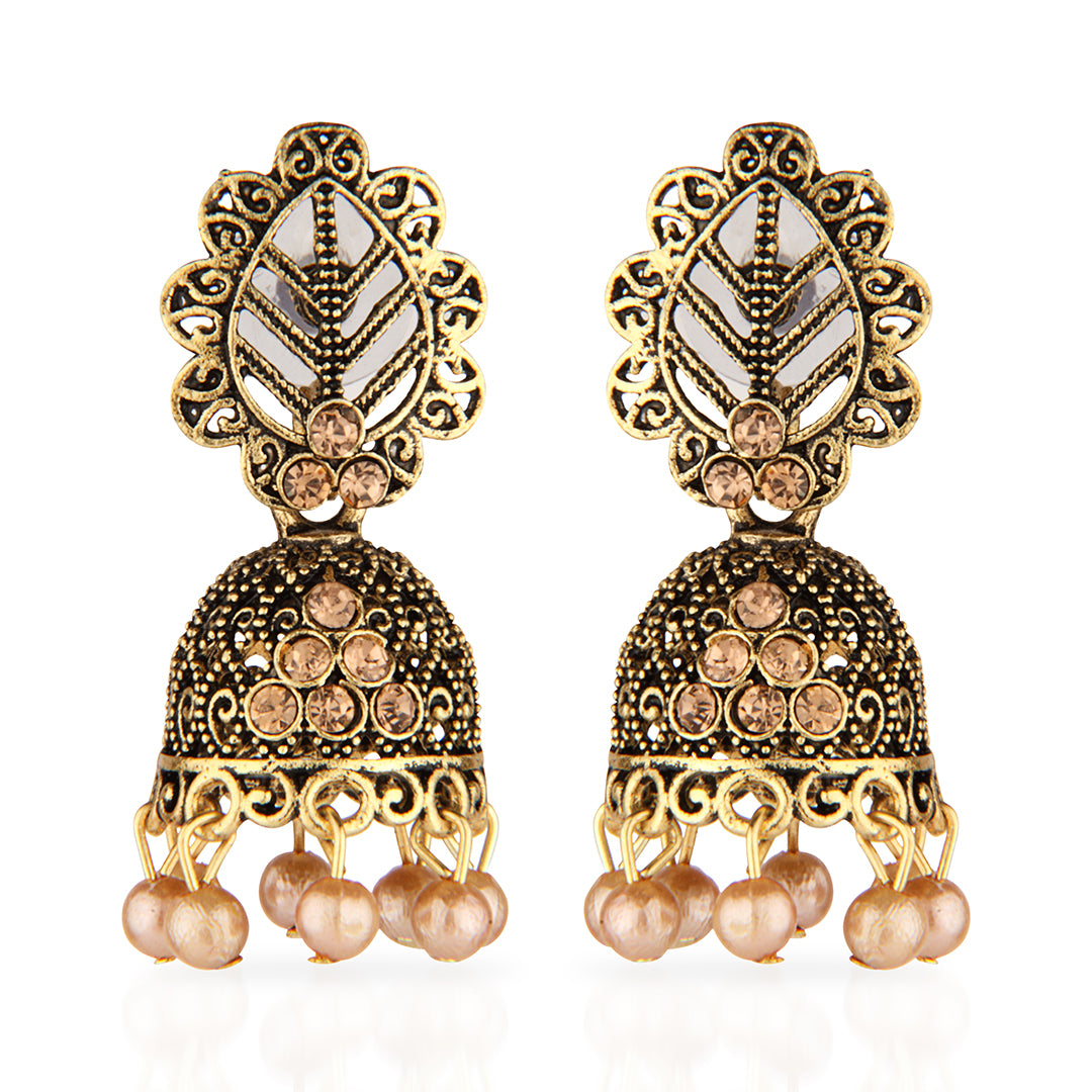 Antique Gold Oxidized Jhumka Earrings with Peach Pearls & Stones