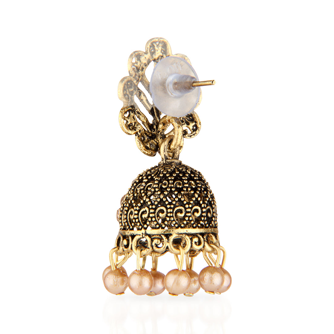 Antique Gold Oxidized Jhumka Earrings with Peach Pearls & Stones