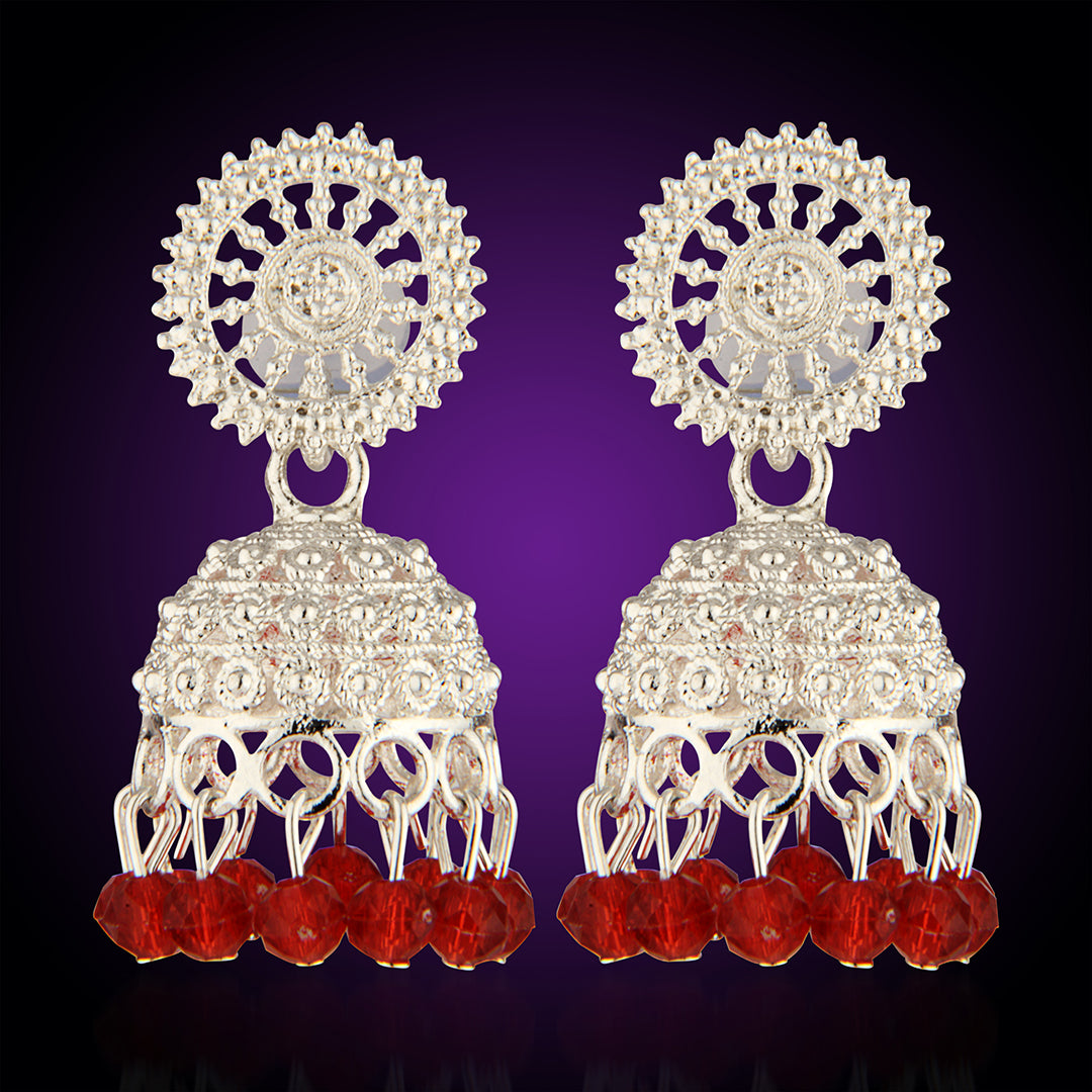 Oxidized Silver Intricate Jhumka Earrings with Red Crystal Beads
