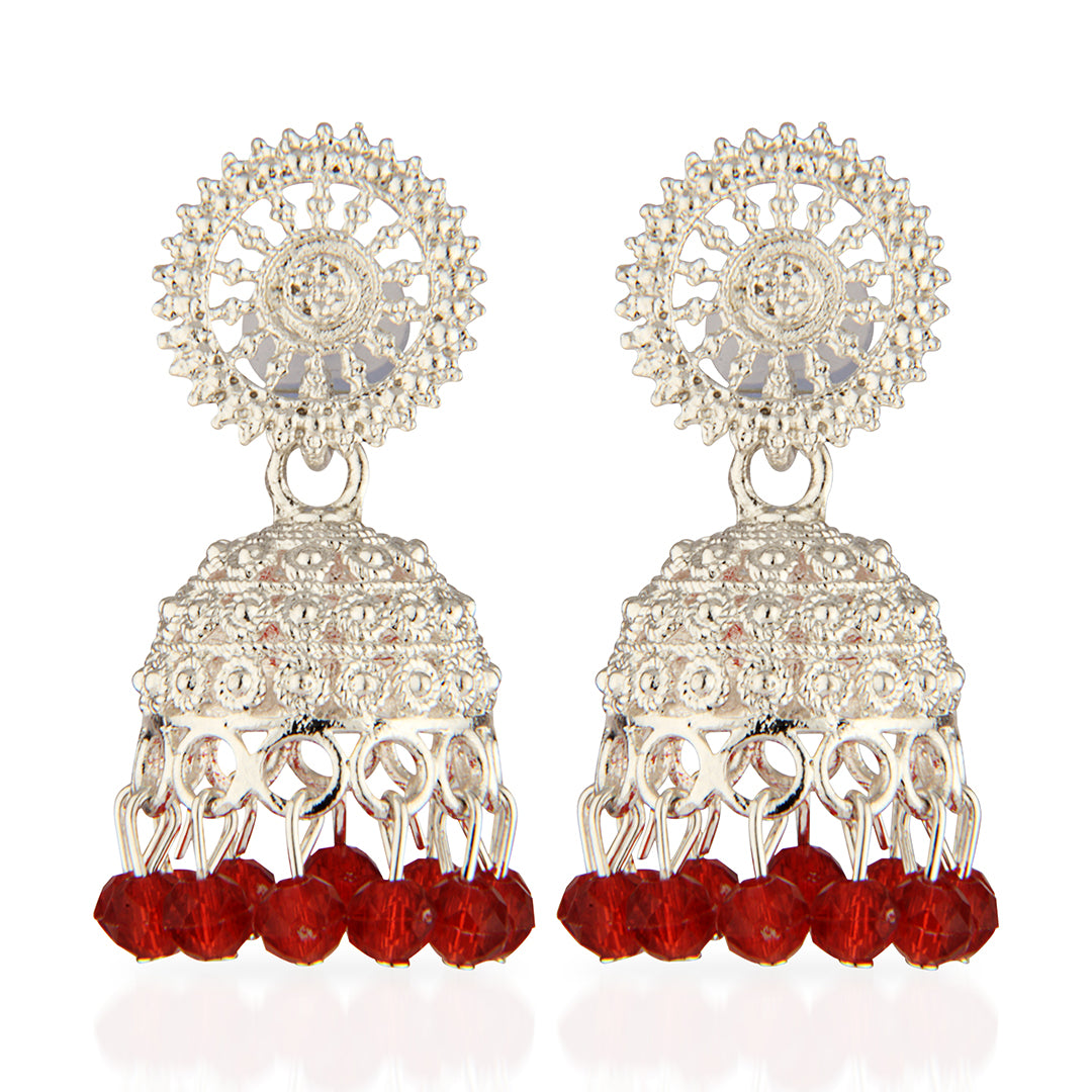 Oxidized Silver Intricate Jhumka Earrings with Red Crystal Beads