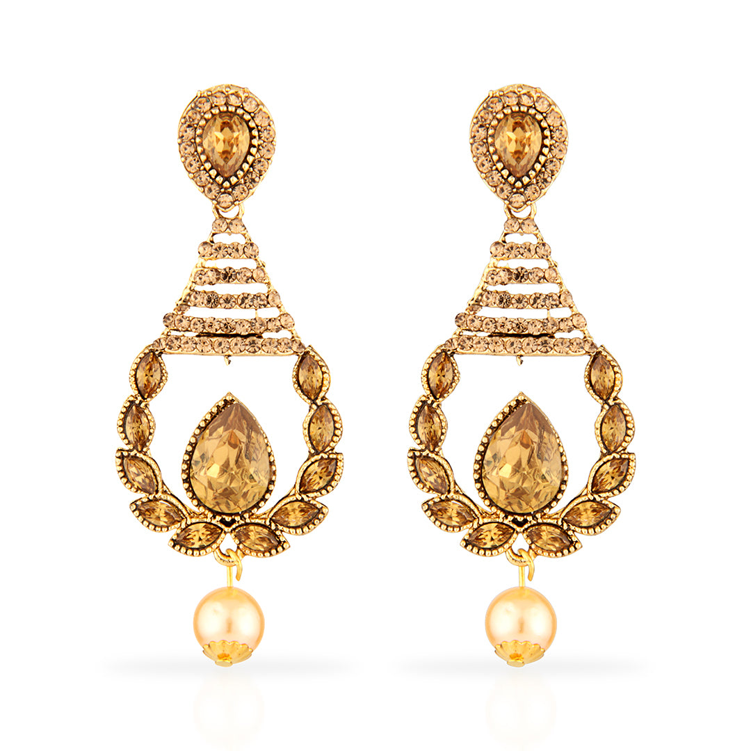 Antique Gold Oxidized Drop Earrings with Champagne Stones & Pearl