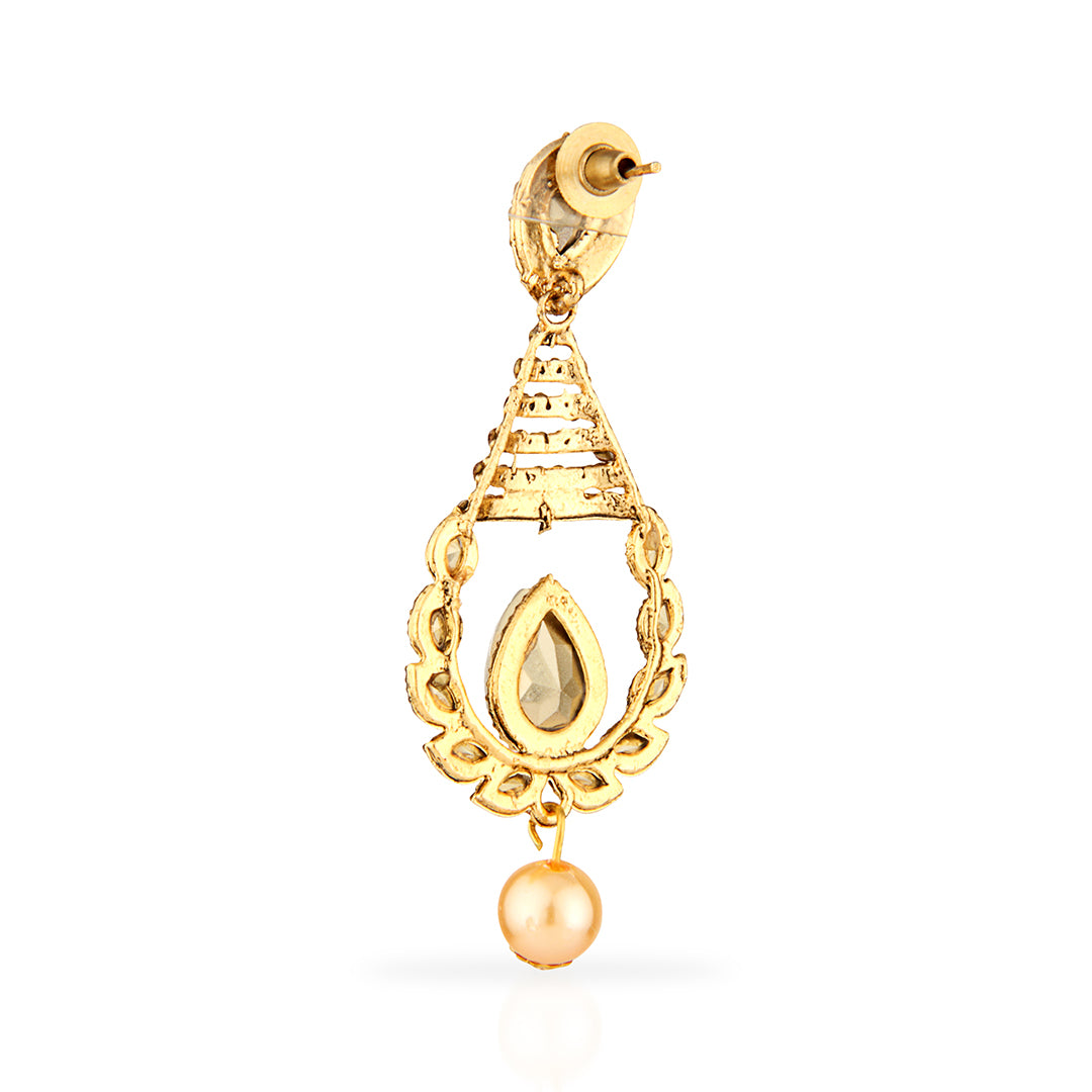 Antique Gold Oxidized Drop Earrings with Champagne Stones & Pearl