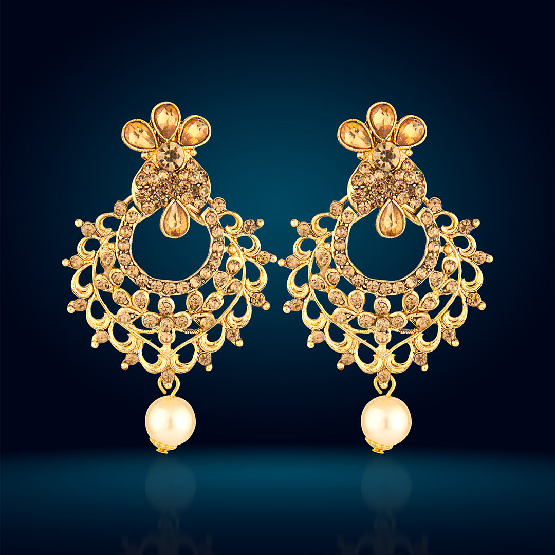 Antique Gold Oxidized Statement Chandbali Earrings with Champagne Stones & Pearls