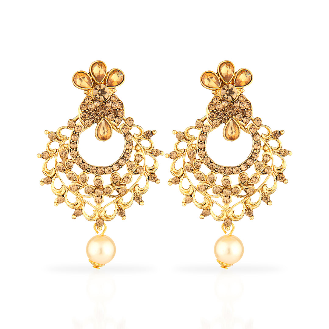 Antique Gold Oxidized Statement Chandbali Earrings with Champagne Stones & Pearls