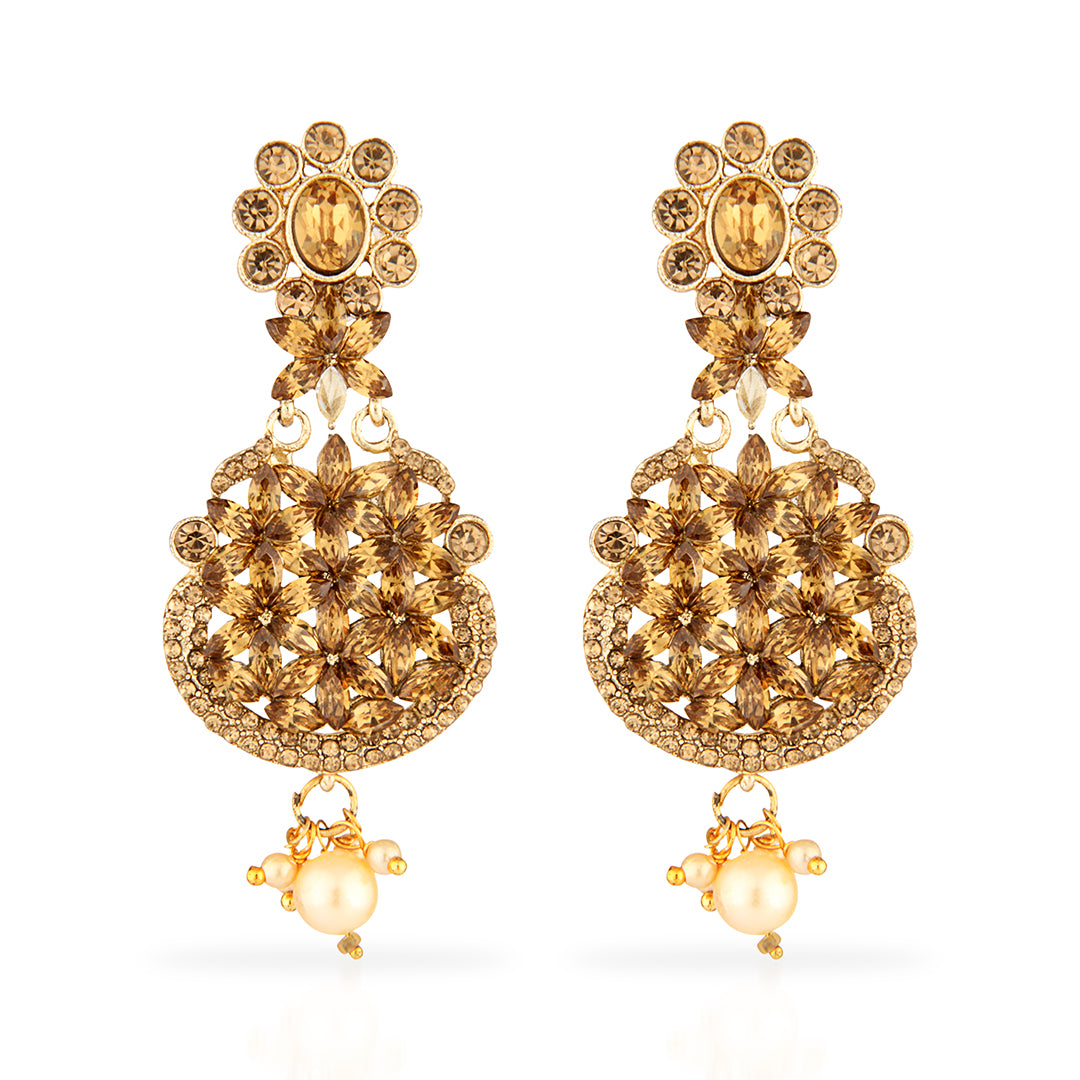 Antique Gold Oxidized Grand Floral Drop Earrings with Champagne Stones & Pearls