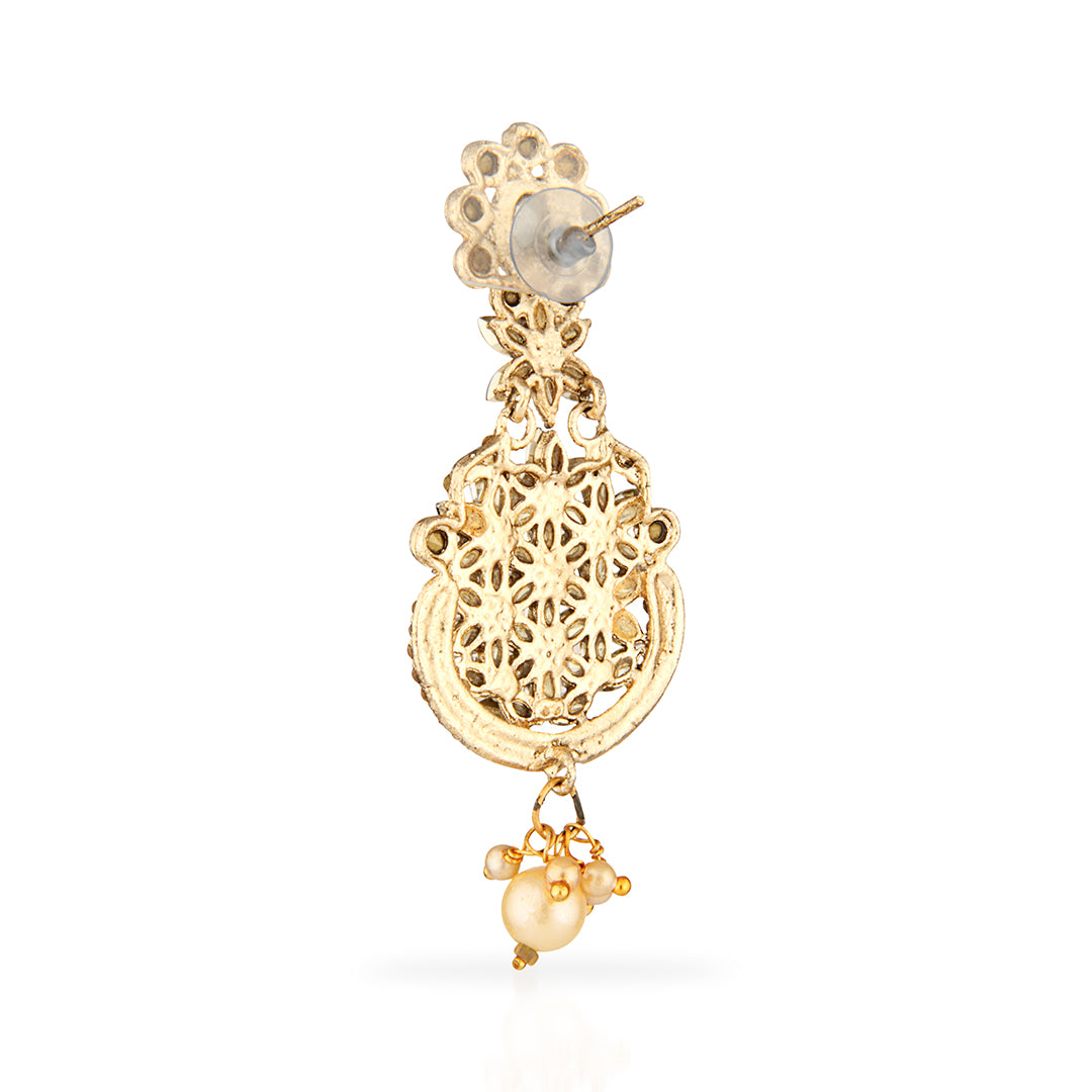 Antique Gold Oxidized Grand Floral Drop Earrings with Champagne Stones & Pearls