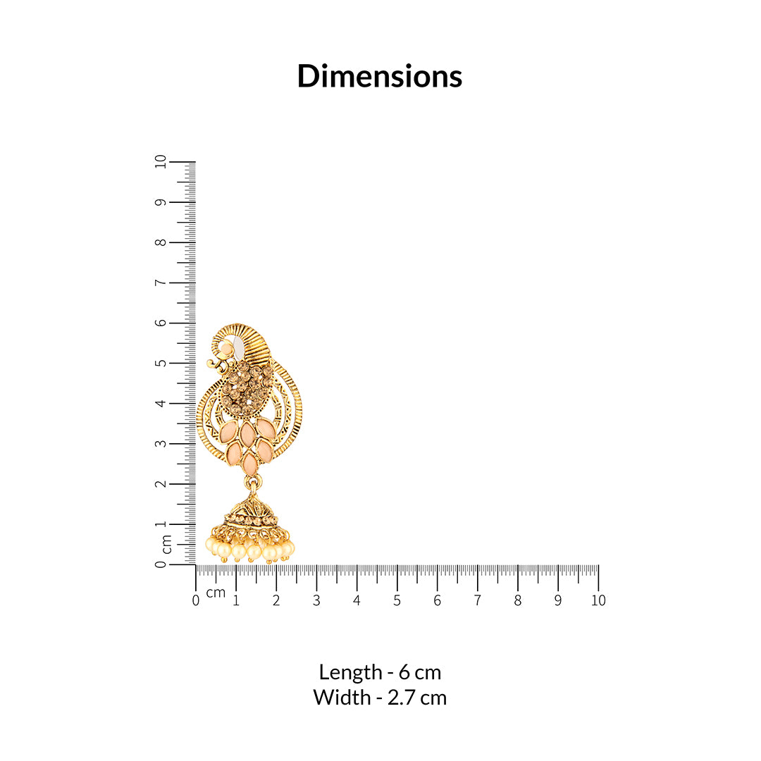 Antique Gold Oxidized Peacock Jhumka Earrings with Peach Stones & Pearls