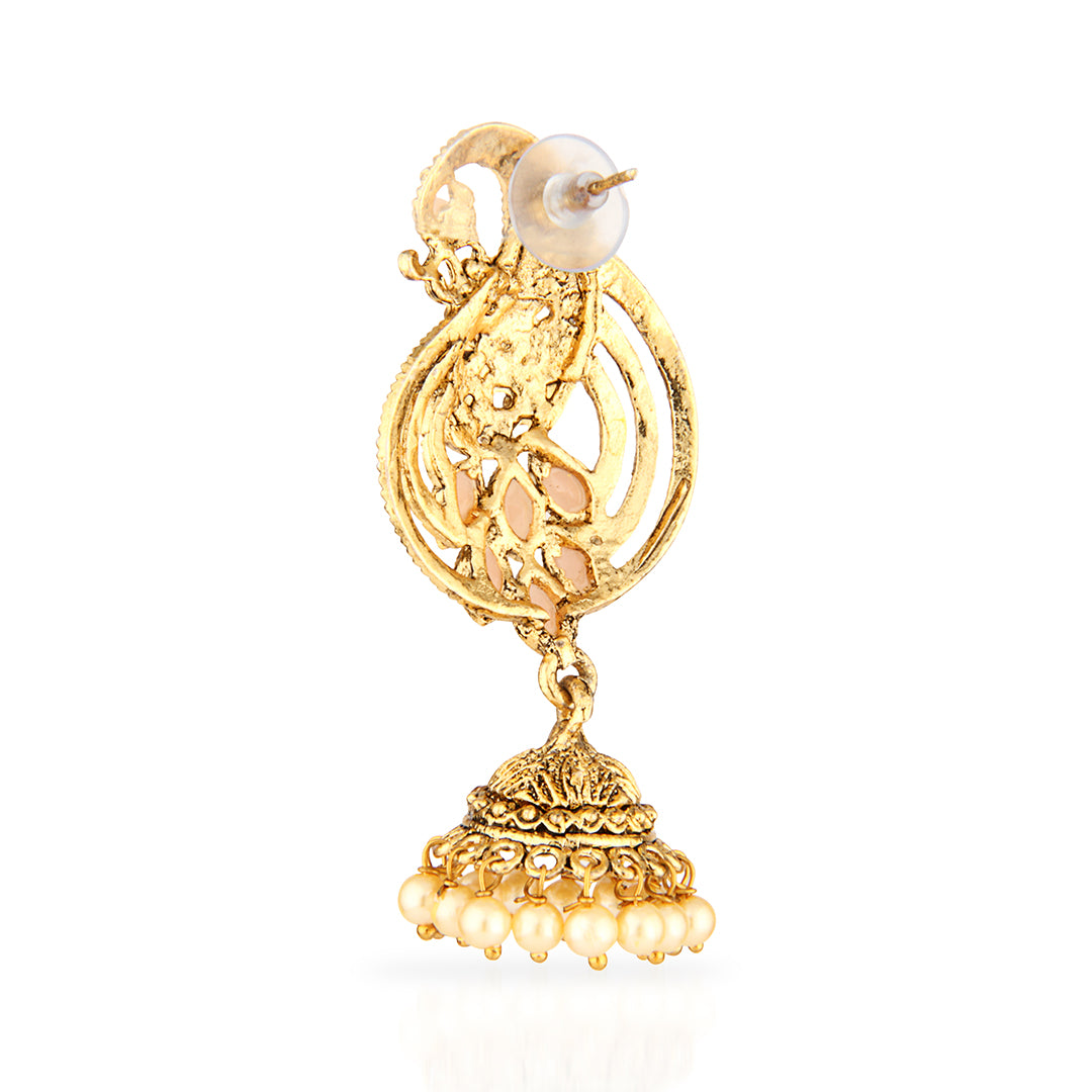 Antique Gold Oxidized Peacock Jhumka Earrings with Peach Stones & Pearls