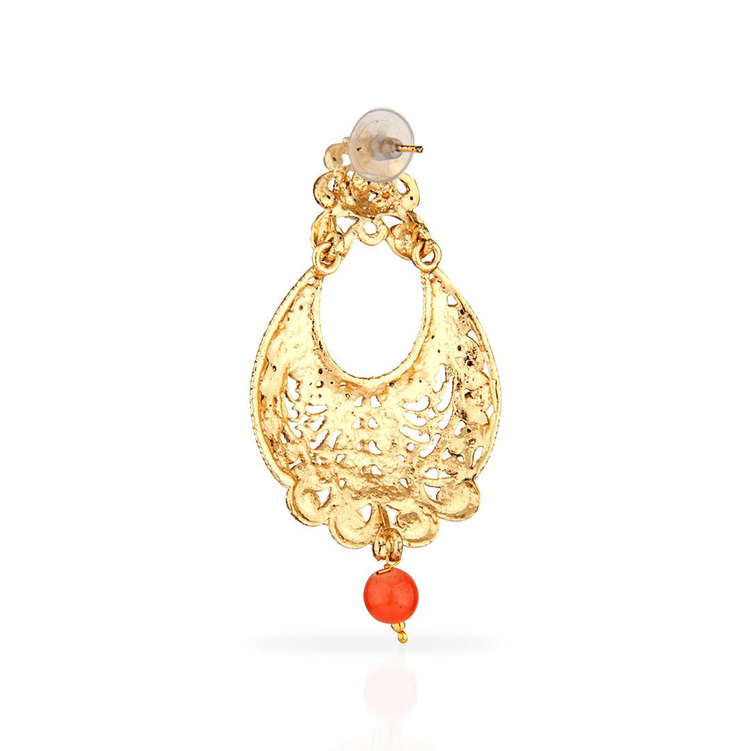 Antique Gold Oxidized Dual-Tone Chandbali Earrings with Red & Champagne Stones