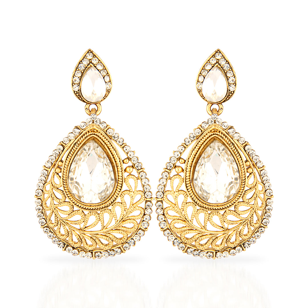 Antique Gold Oxidized Statement Drop Earrings with Large Crystals