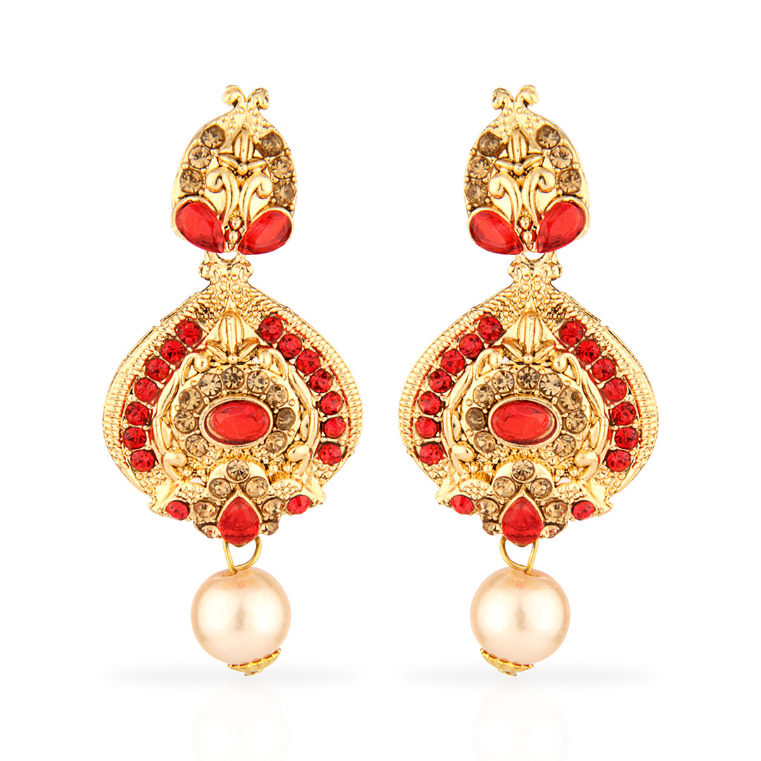 Antique Gold Oxidized Statement Drop Earrings with Red & Champagne Stones