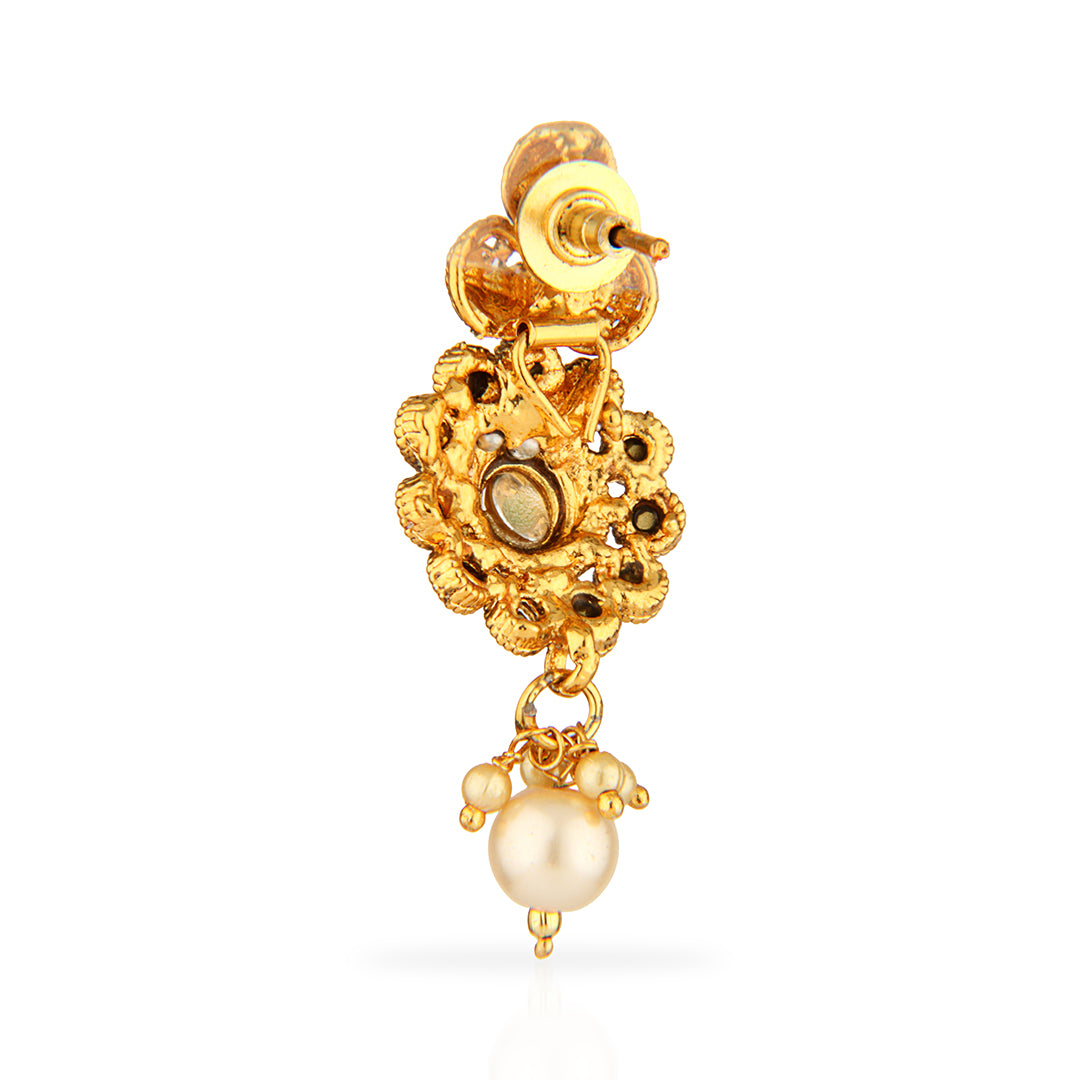 Antique Gold Oxidized Floral Drop Earrings with Champagne Stones & Pearls