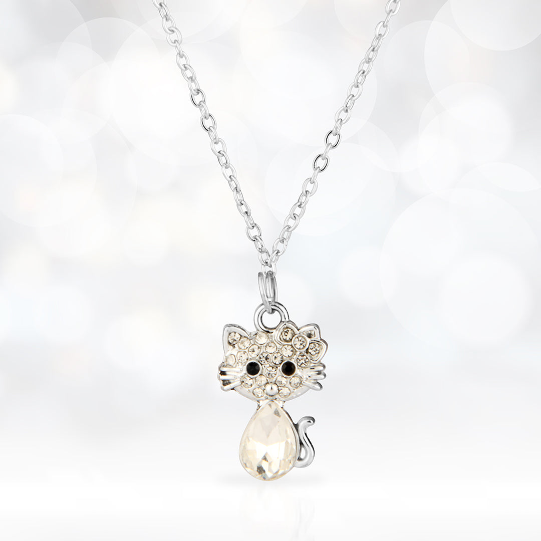 Sterling Silver Crystal Cat Necklace with Teardrop Stone