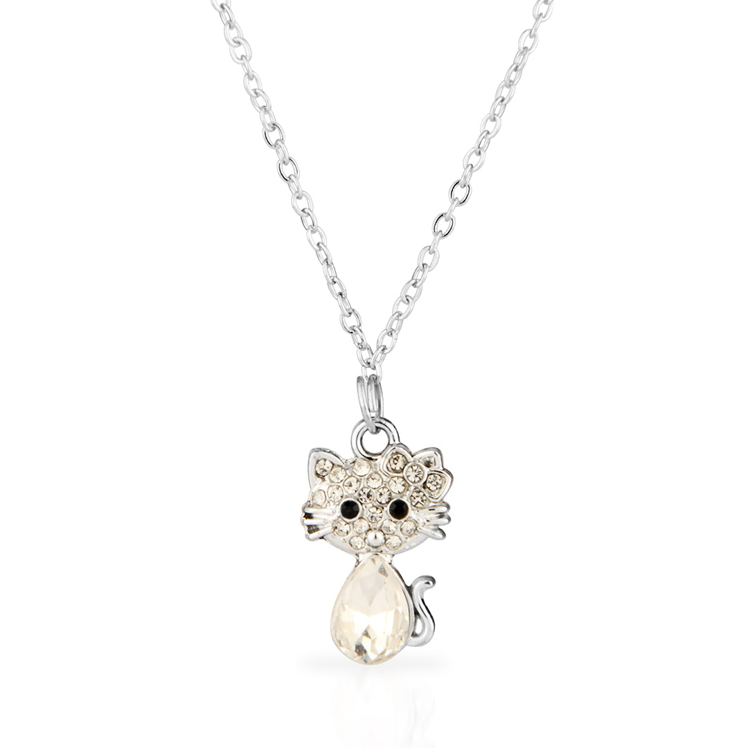 Sterling Silver Crystal Cat Necklace with Teardrop Stone