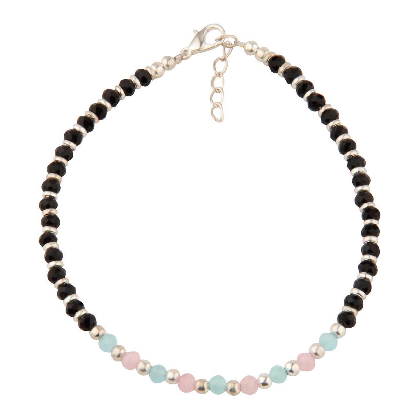 Black Crystal Beaded Anklet with Silver Spacers & Pastel Accents | Adjustable Fashion Foot Jewelry