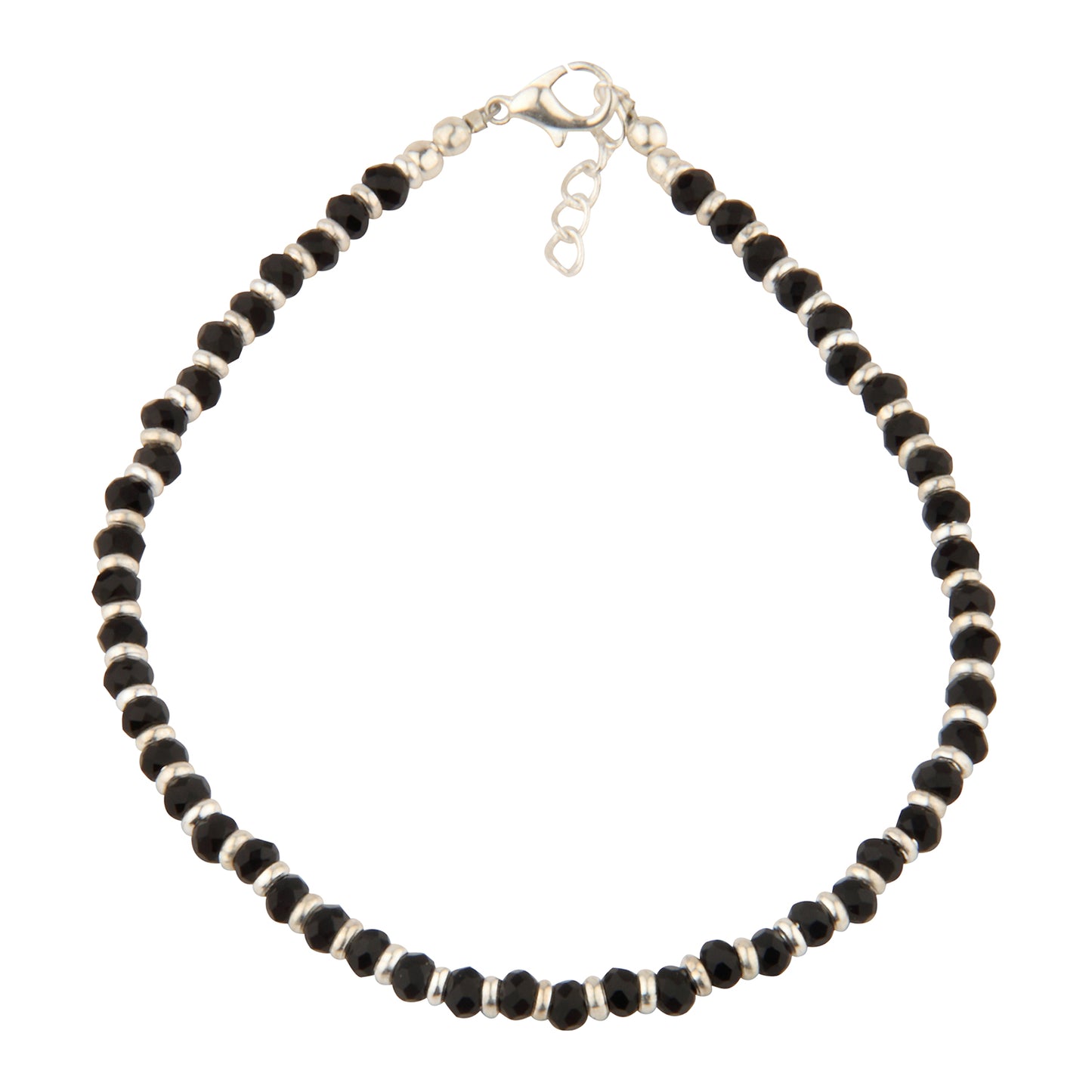 Black Faceted Crystal Beaded Anklet with Silver Spacers | Adjustable Minimalist Foot Jewelry