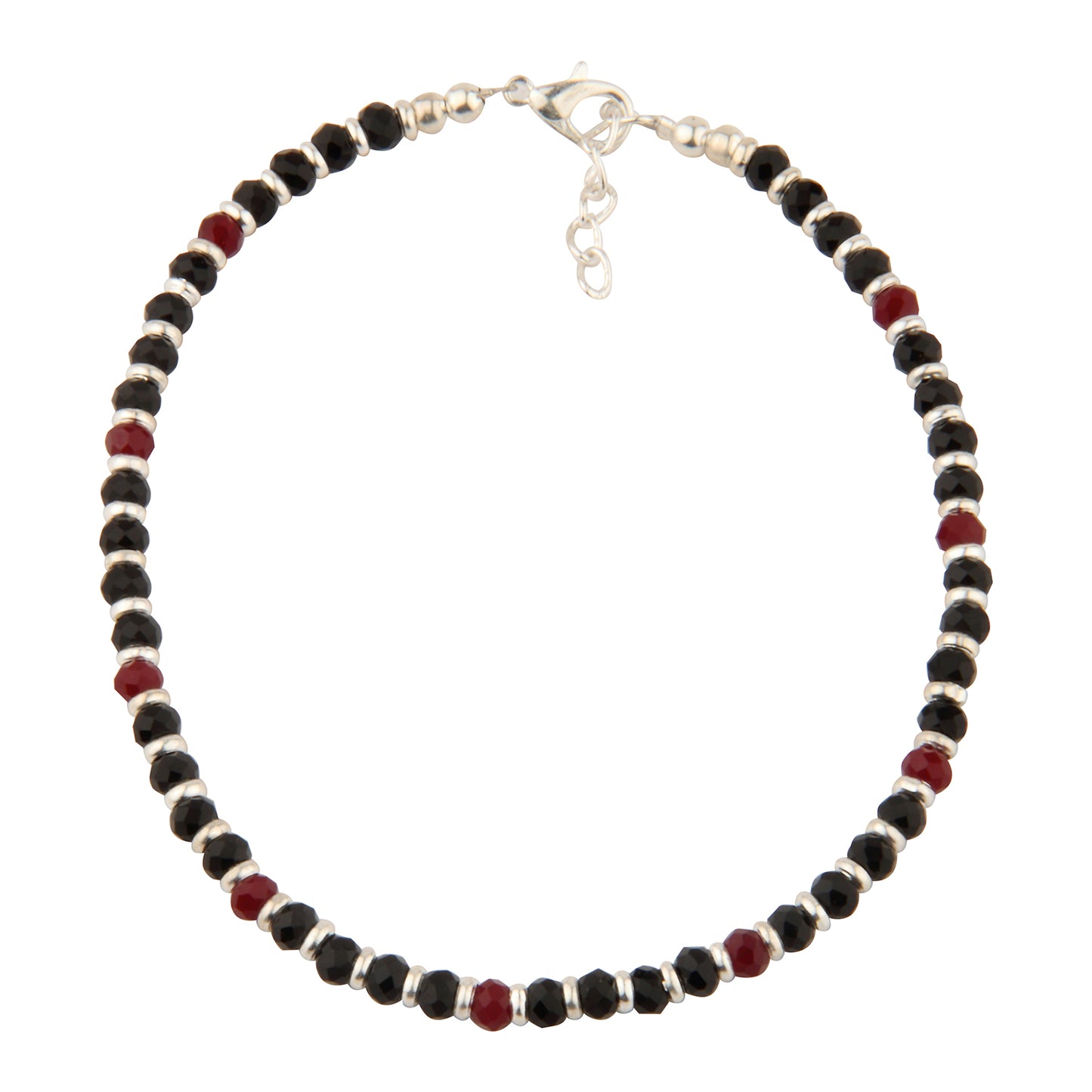 Black and Red Crystal Beaded Anklet with Silver Spacers | Adjustable Accent Foot Jewelry
