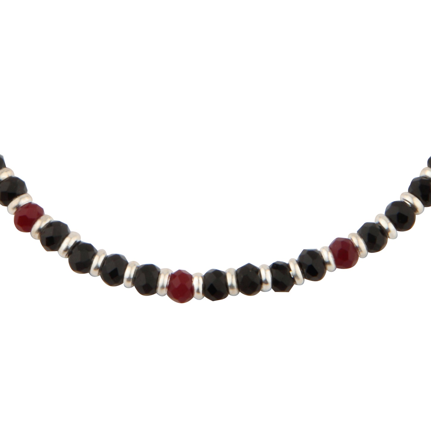 Black and Red Crystal Beaded Anklet with Silver Spacers | Adjustable Accent Foot Jewelry