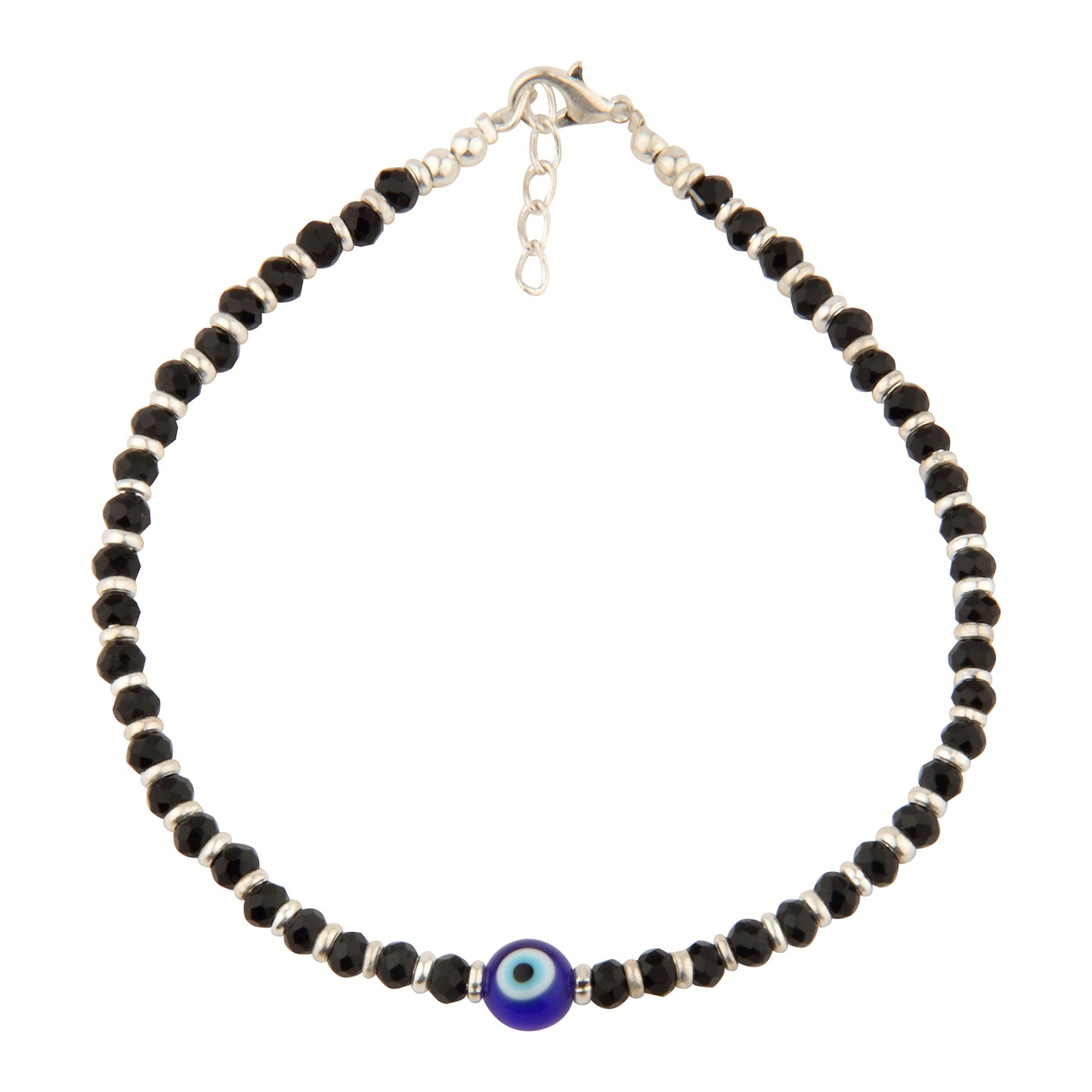 Black Crystal Beaded Evil Eye Anklet with Silver Spacers | Adjustable Protection Foot Jewelry