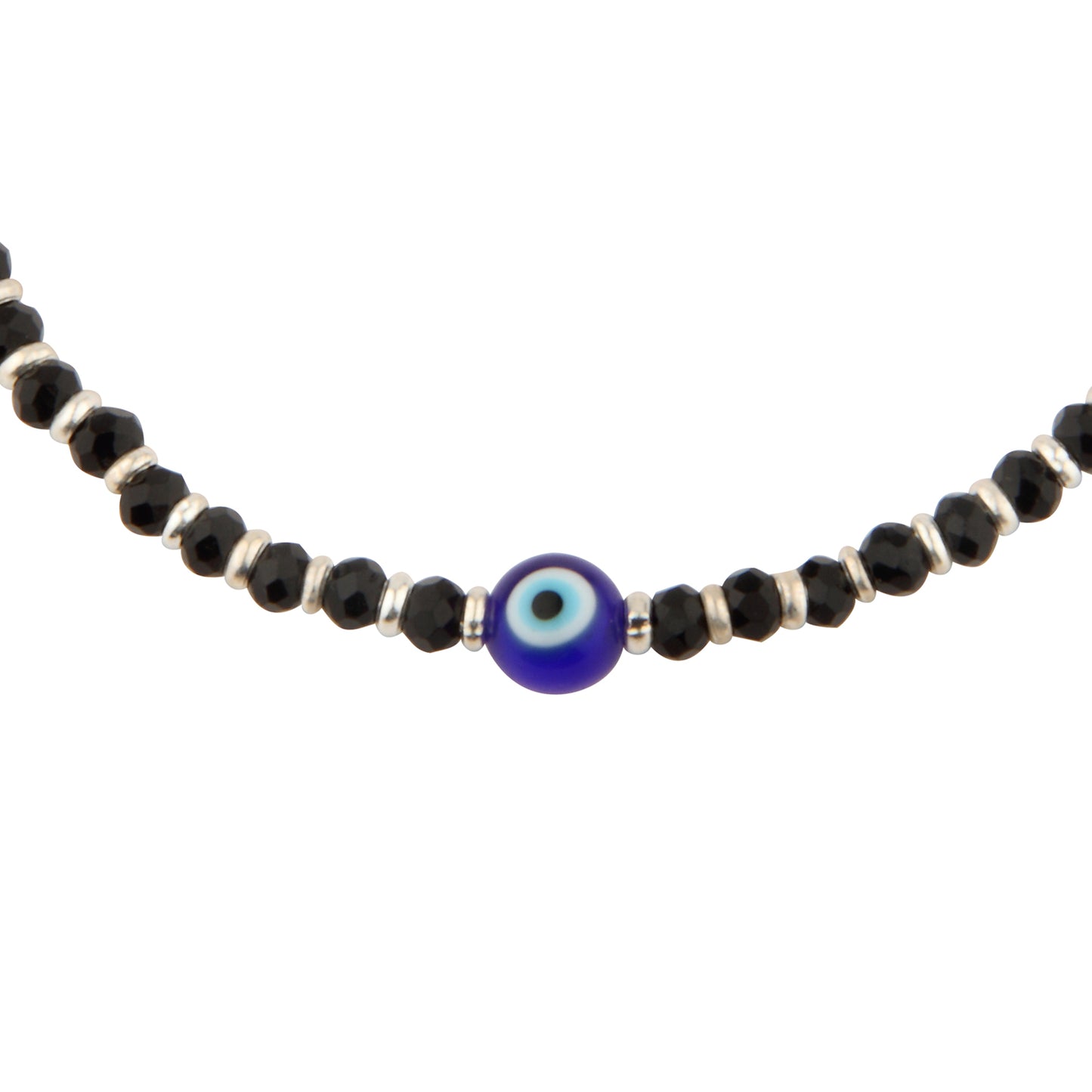 Black Crystal Beaded Evil Eye Anklet with Silver Spacers | Adjustable Protection Foot Jewelry