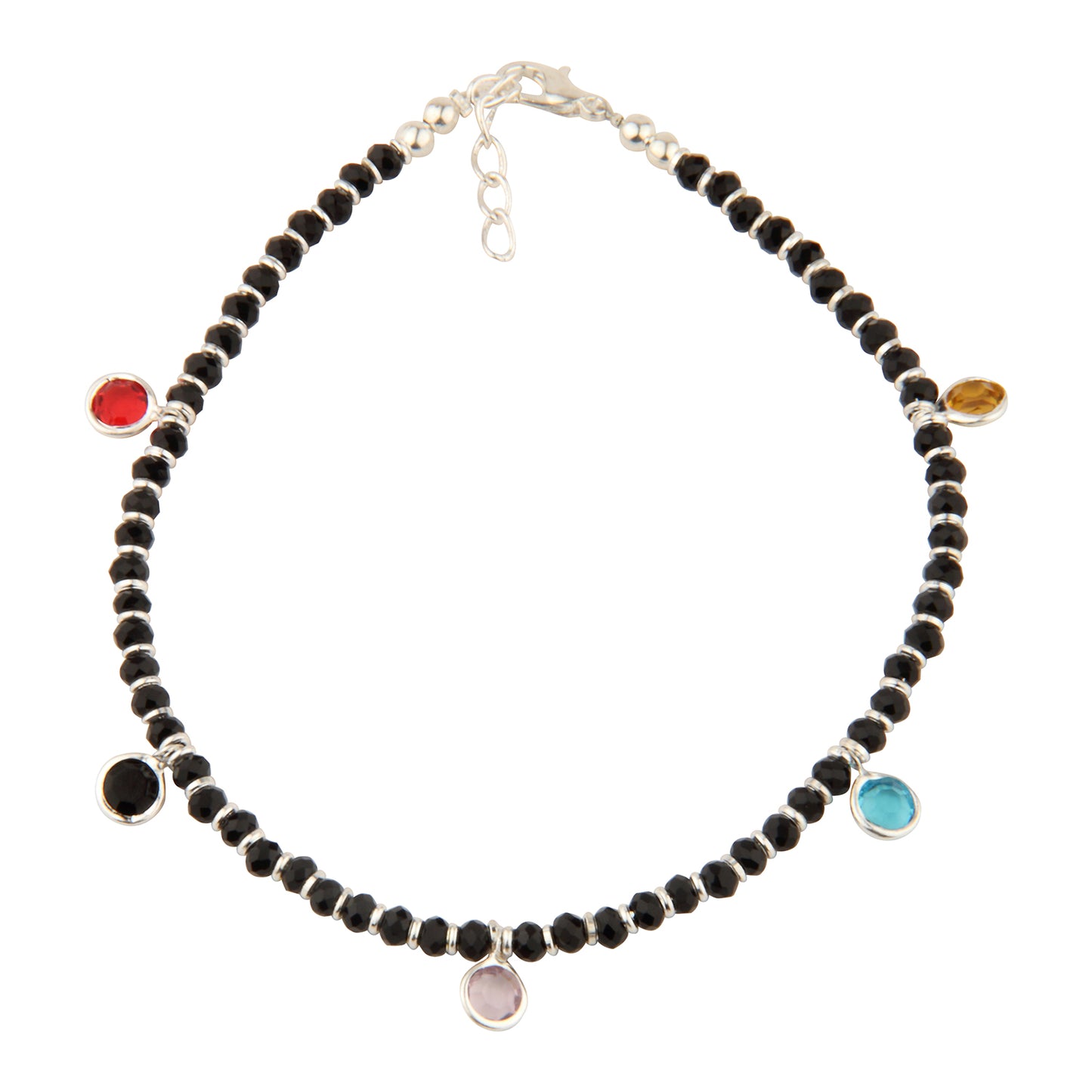 Black Beaded Charm Anklet with Multi-Color Stone Dangles | Adjustable Fashion Foot Jewelry