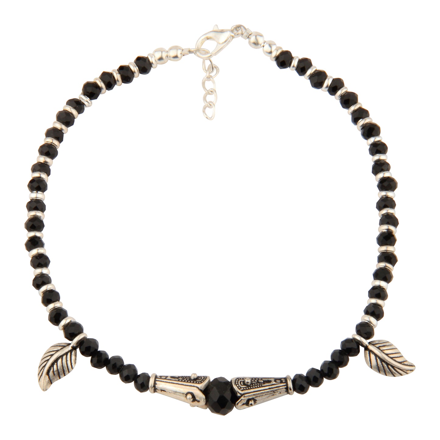 Boho Black Beaded Anklet with Silver Leaf Charms | Adjustable Ethnic Style Foot Jewelry