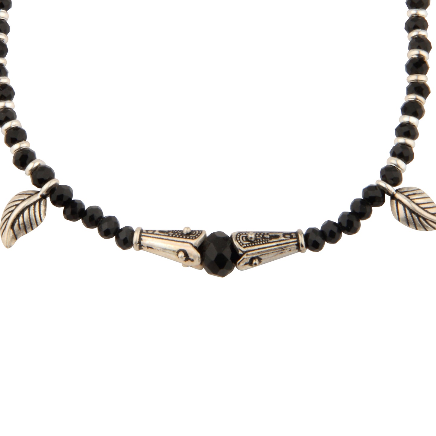 Boho Black Beaded Anklet with Silver Leaf Charms | Adjustable Ethnic Style Foot Jewelry