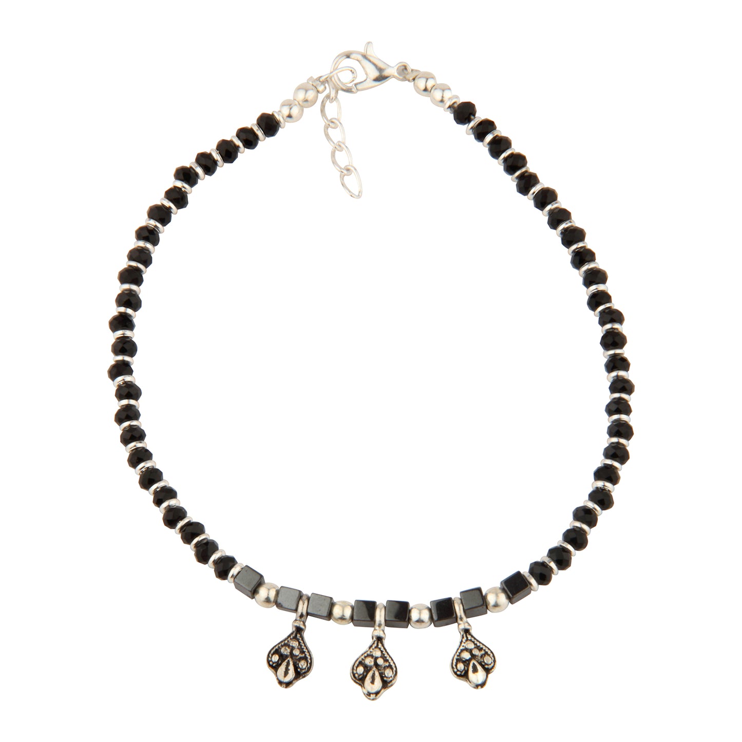 Black Beaded Anklet with Silver Fleur-de-lis Dangle Charms | Adjustable Fashion Foot Jewelry