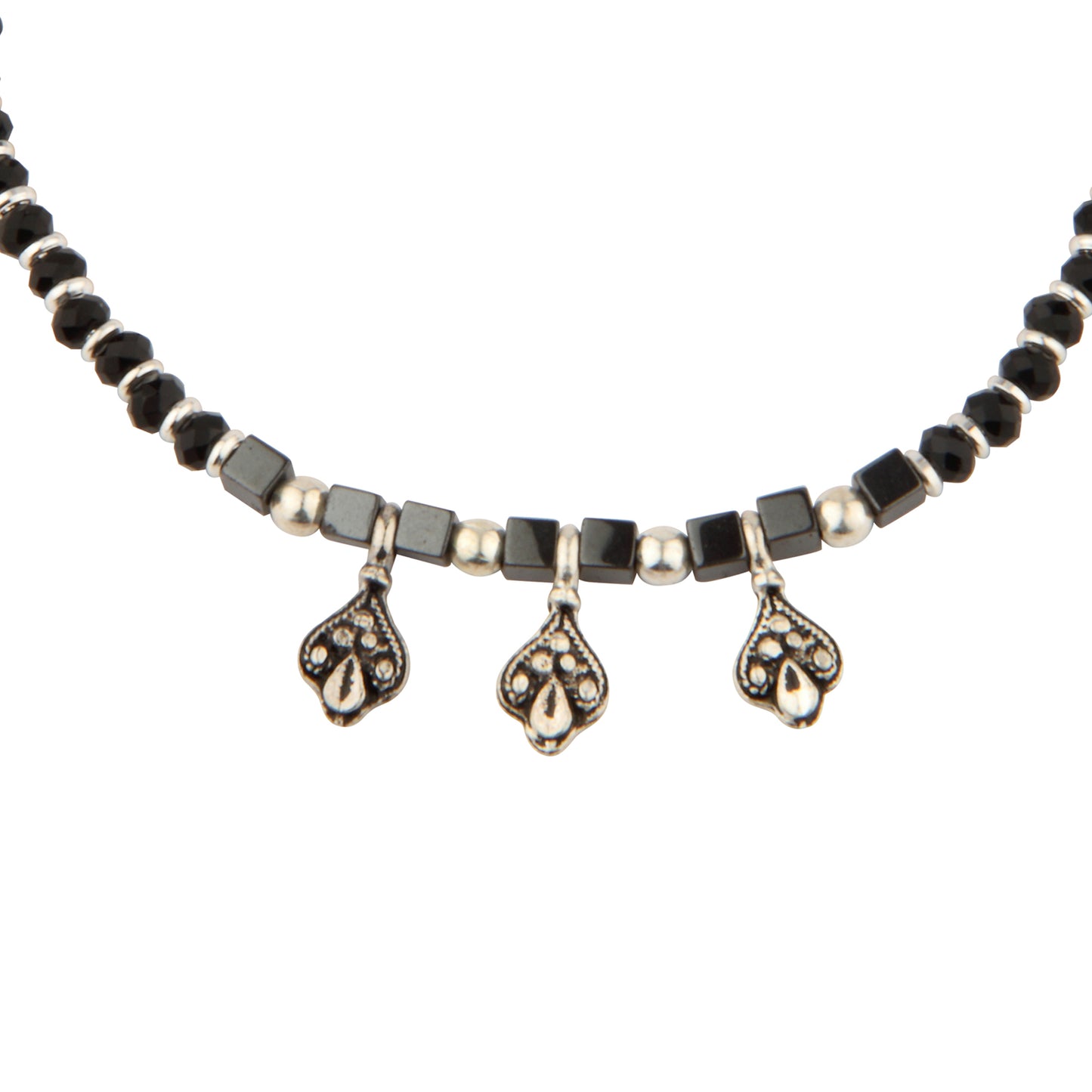 Black Beaded Anklet with Silver Fleur-de-lis Dangle Charms | Adjustable Fashion Foot Jewelry