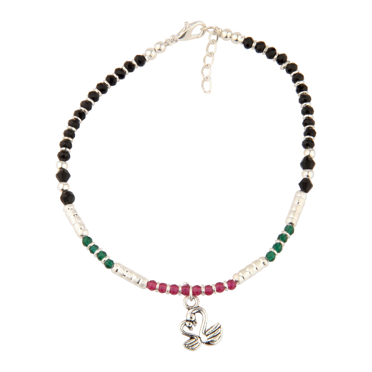 Black Beaded Anklet with Swan Charm & Red Green Accents | Adjustable Fashion Foot Jewelry