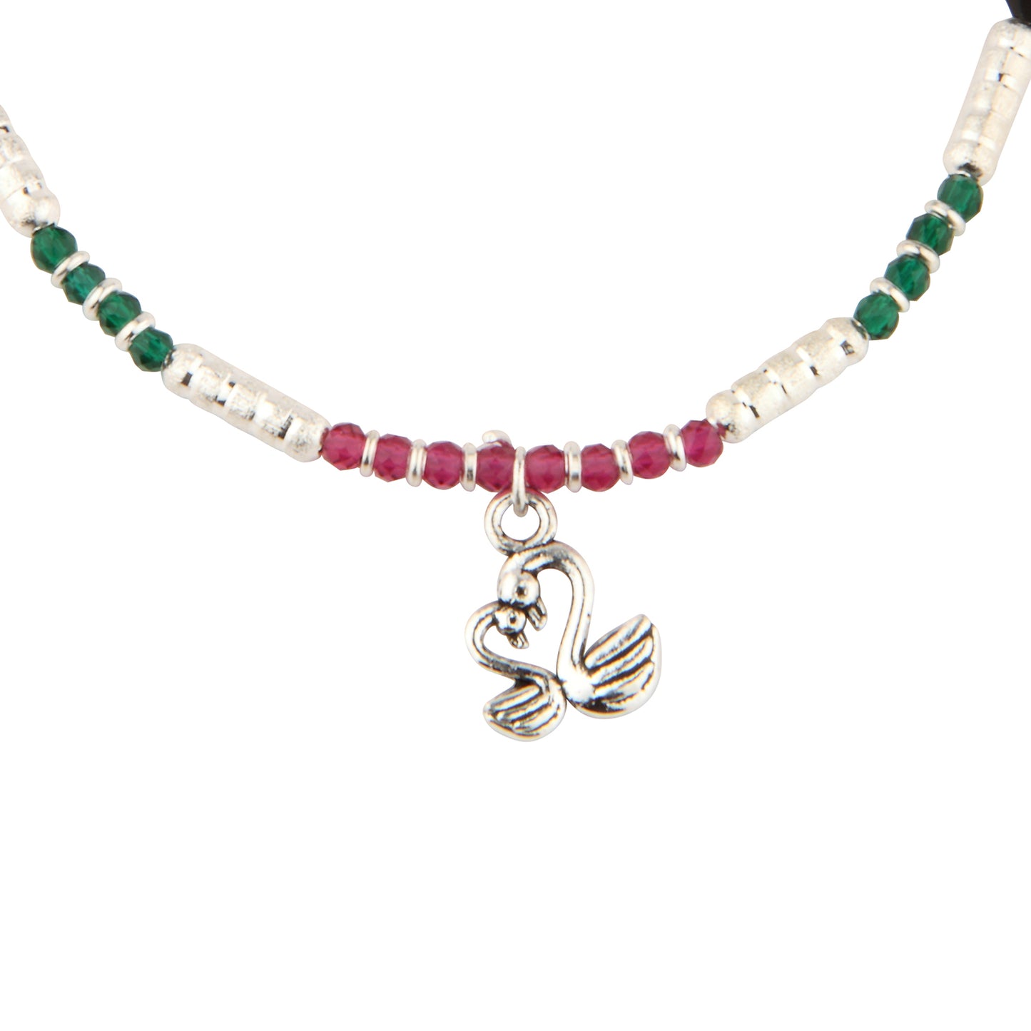Black Beaded Anklet with Swan Charm & Red Green Accents | Adjustable Fashion Foot Jewelry