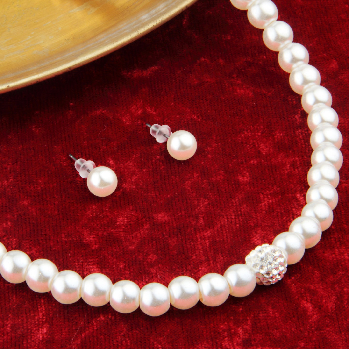 Classic Faux Pearl Necklace Set with Diamond-Look Crystal