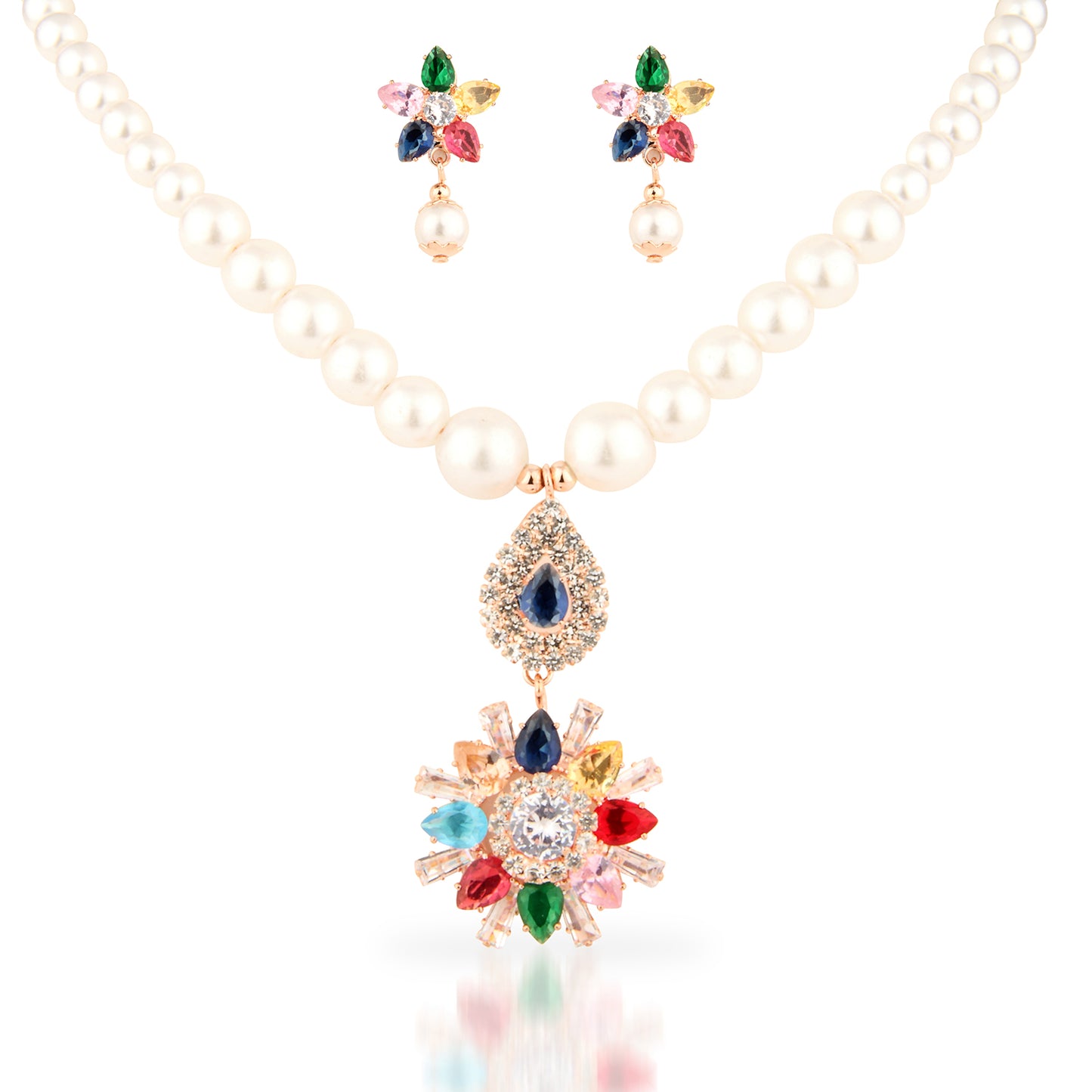 Faux Pearl Necklace Set with Multi-Color Crystal Floral Pendant