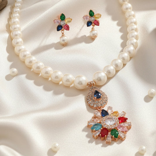 Faux Pearl Necklace Set with Multi-Color Crystal Floral Pendant