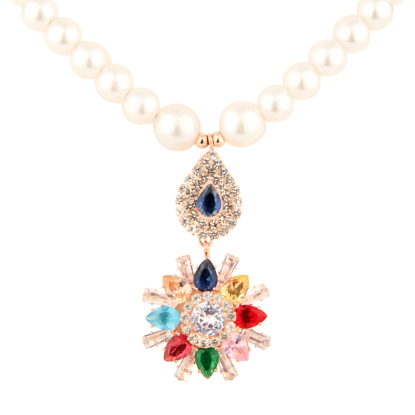 Faux Pearl Necklace Set with Multi-Color Crystal Floral Pendant