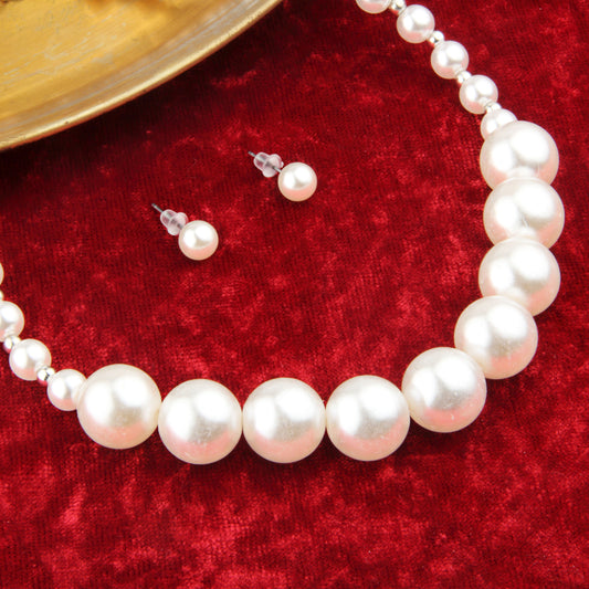 Bold Graduated Faux Pearl Necklace Set with Stud Earrings