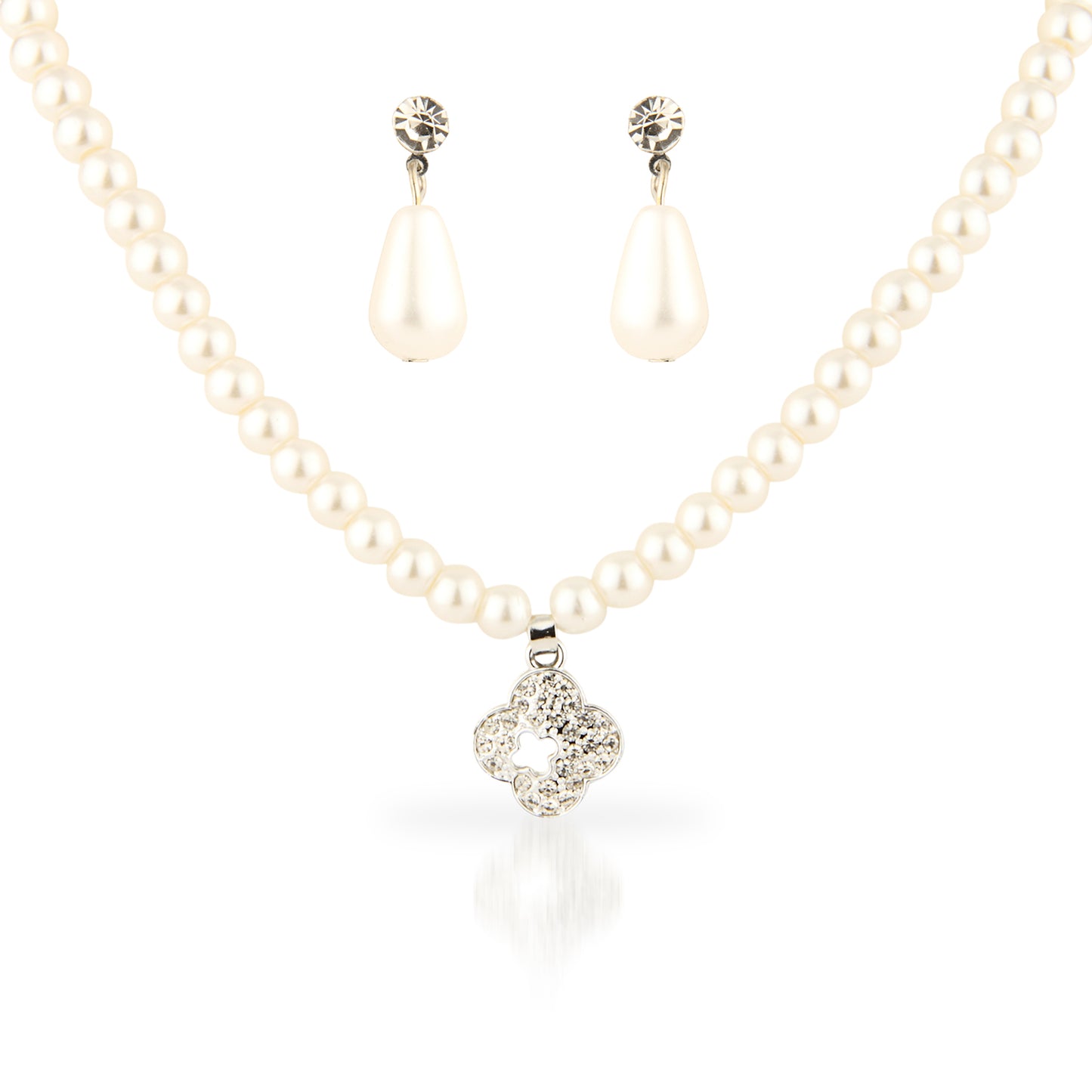 Faux Pearl Necklace Set with Clover Pendant & Teardrop Earrings