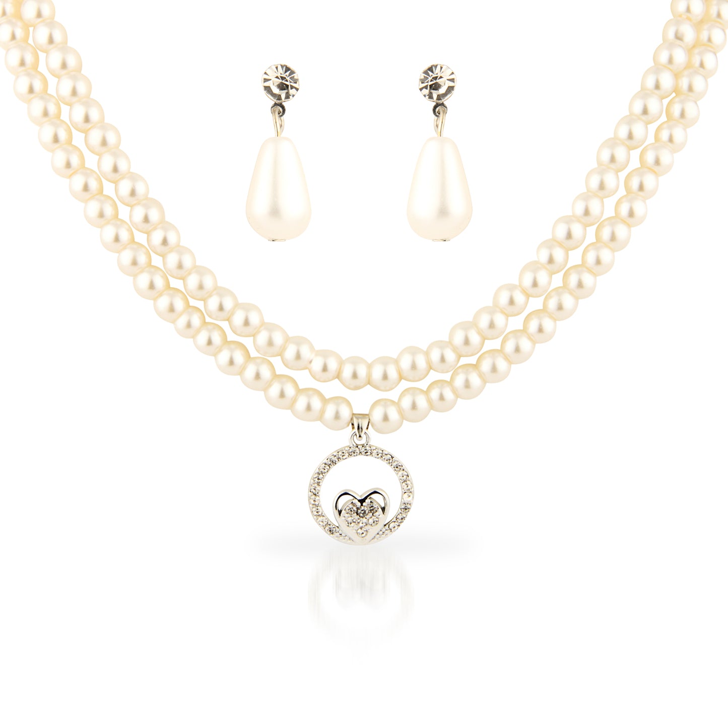 Double Strand Faux Pearl Necklace Set with Heart Pendant