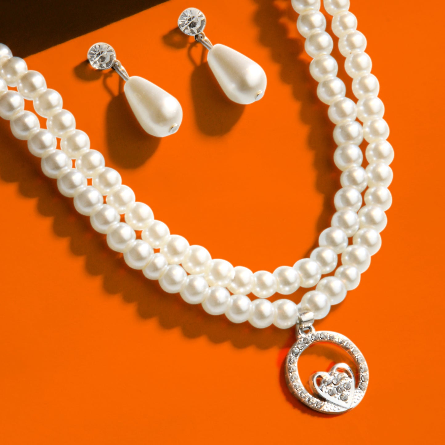 Double Strand Faux Pearl Necklace Set with Heart Pendant