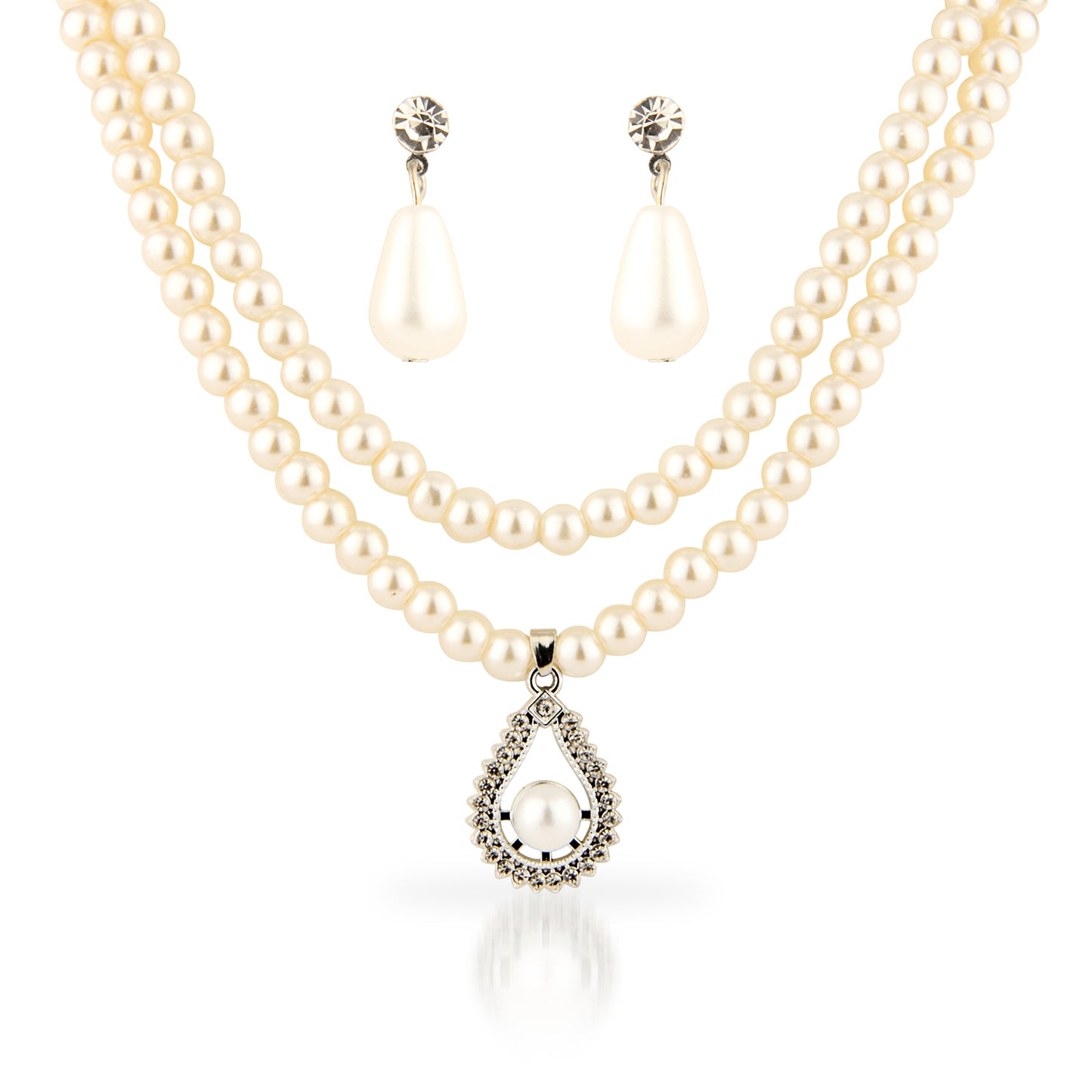 Double Strand Faux Pearl Necklace with Teardrop Pendant Set