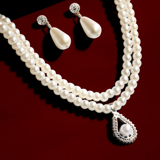 Double Strand Faux Pearl Necklace with Teardrop Pendant Set