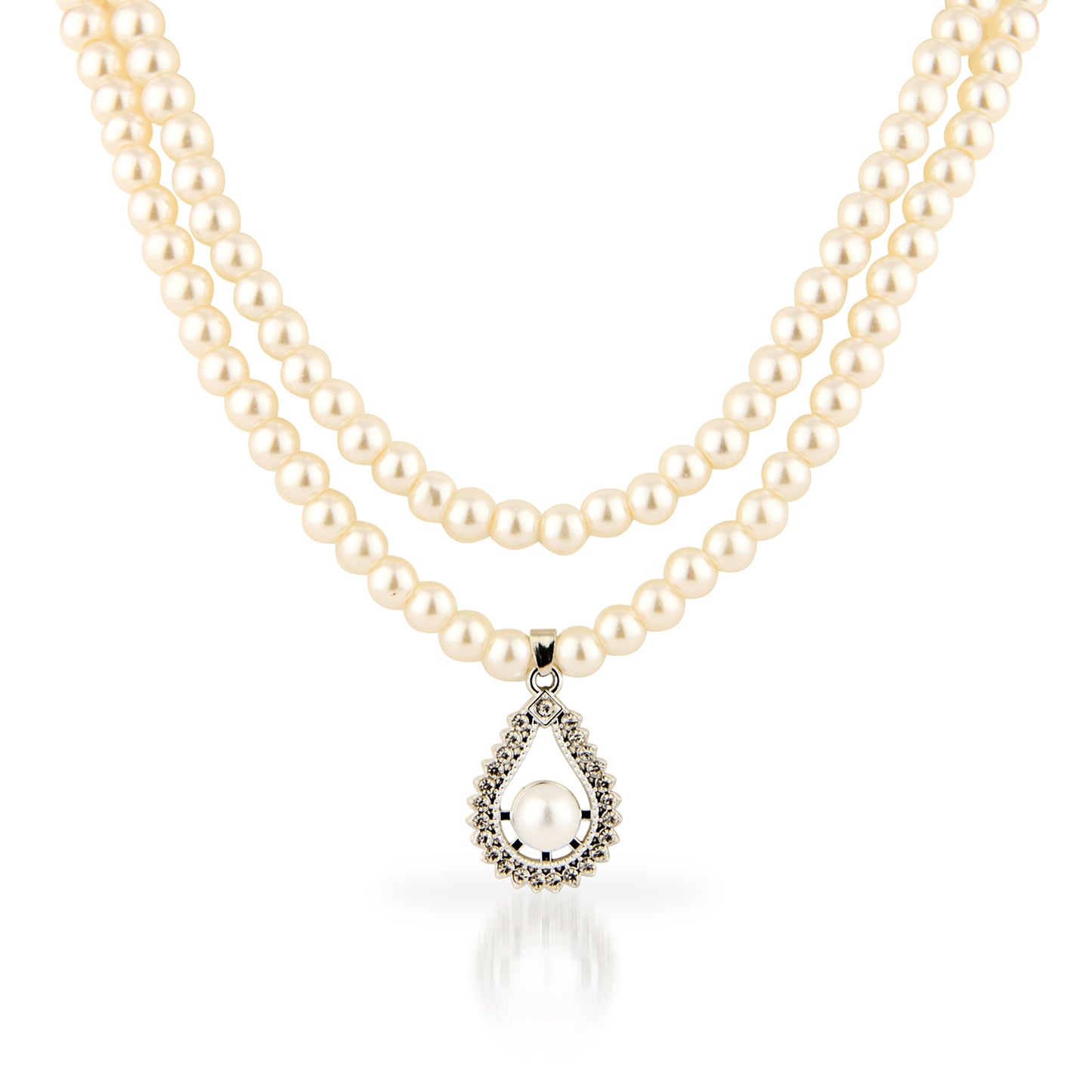 Double Strand Faux Pearl Necklace with Teardrop Pendant Set