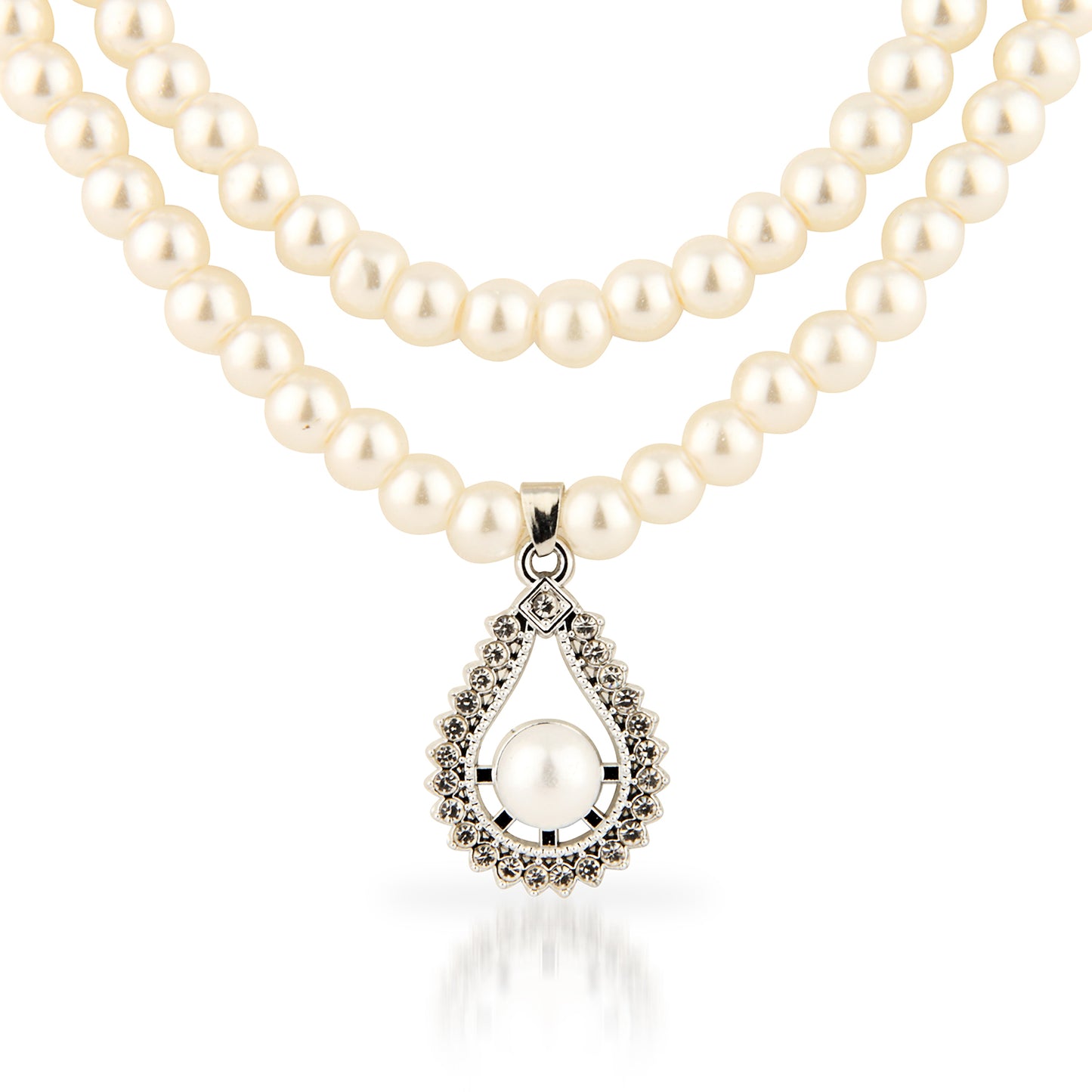 Double Strand Faux Pearl Necklace with Teardrop Pendant Set