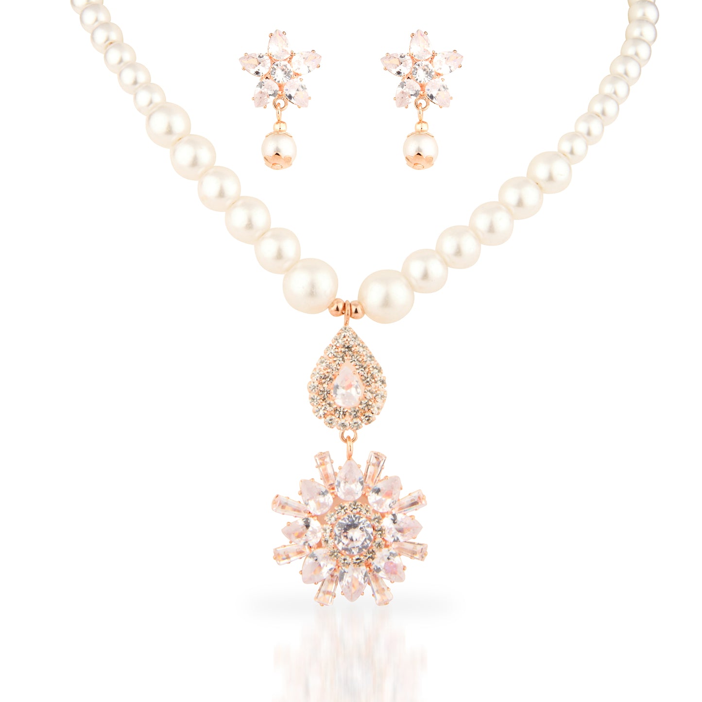 Rose Gold Faux Pearl Necklace Set with Pink Crystal Floral Pendant