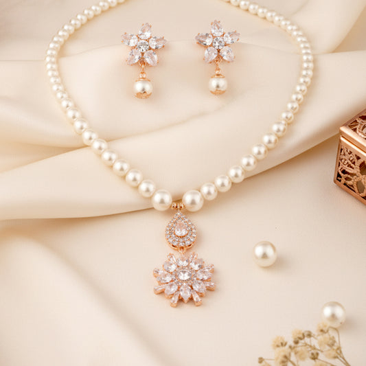 Rose Gold Faux Pearl Necklace Set with Pink Crystal Floral Pendant