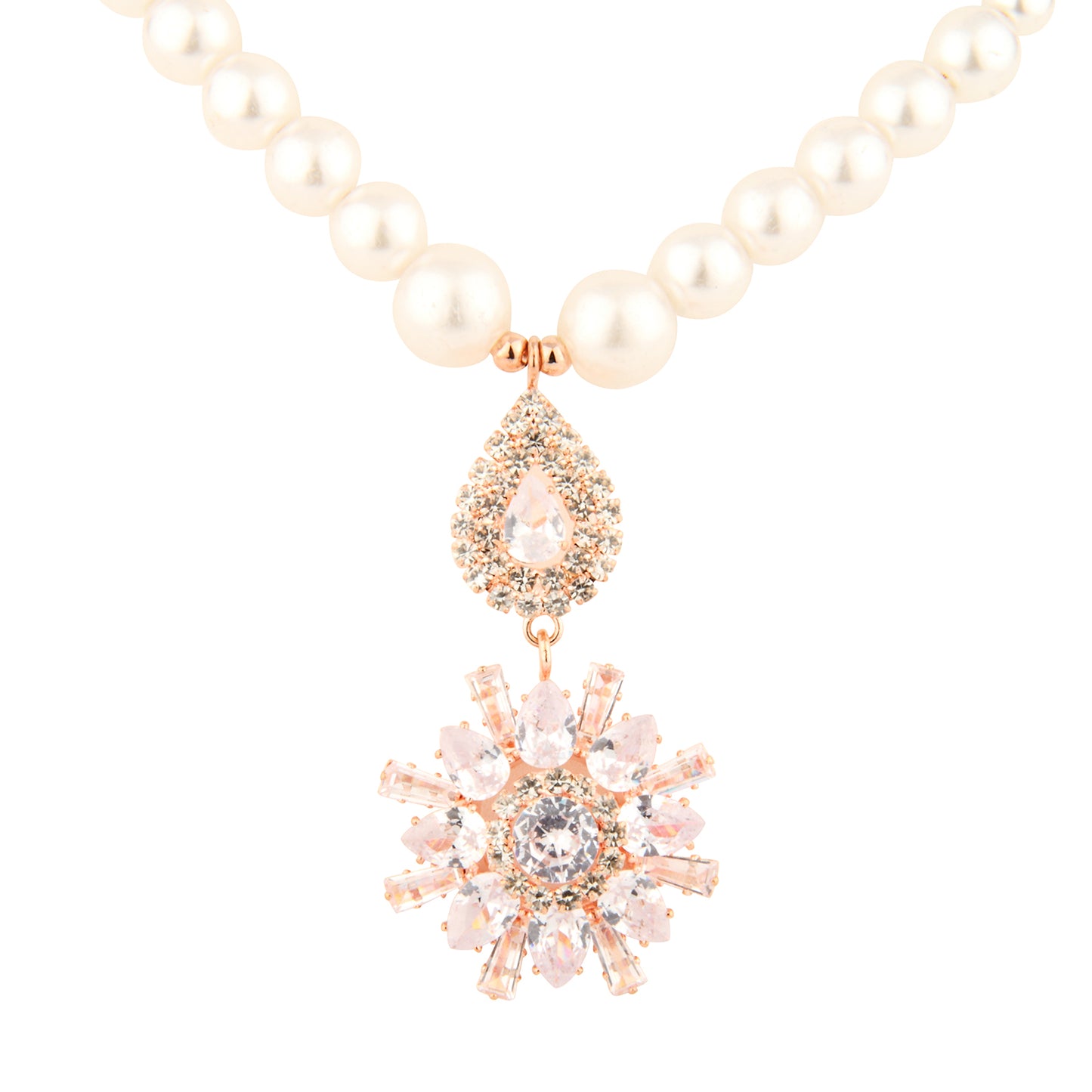 Rose Gold Faux Pearl Necklace Set with Pink Crystal Floral Pendant