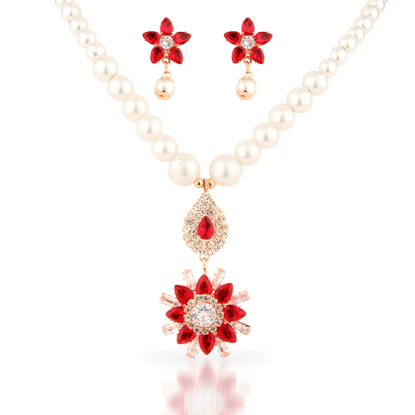 Faux Pearl Necklace Set with Red Crystal Floral Statement Pendant
