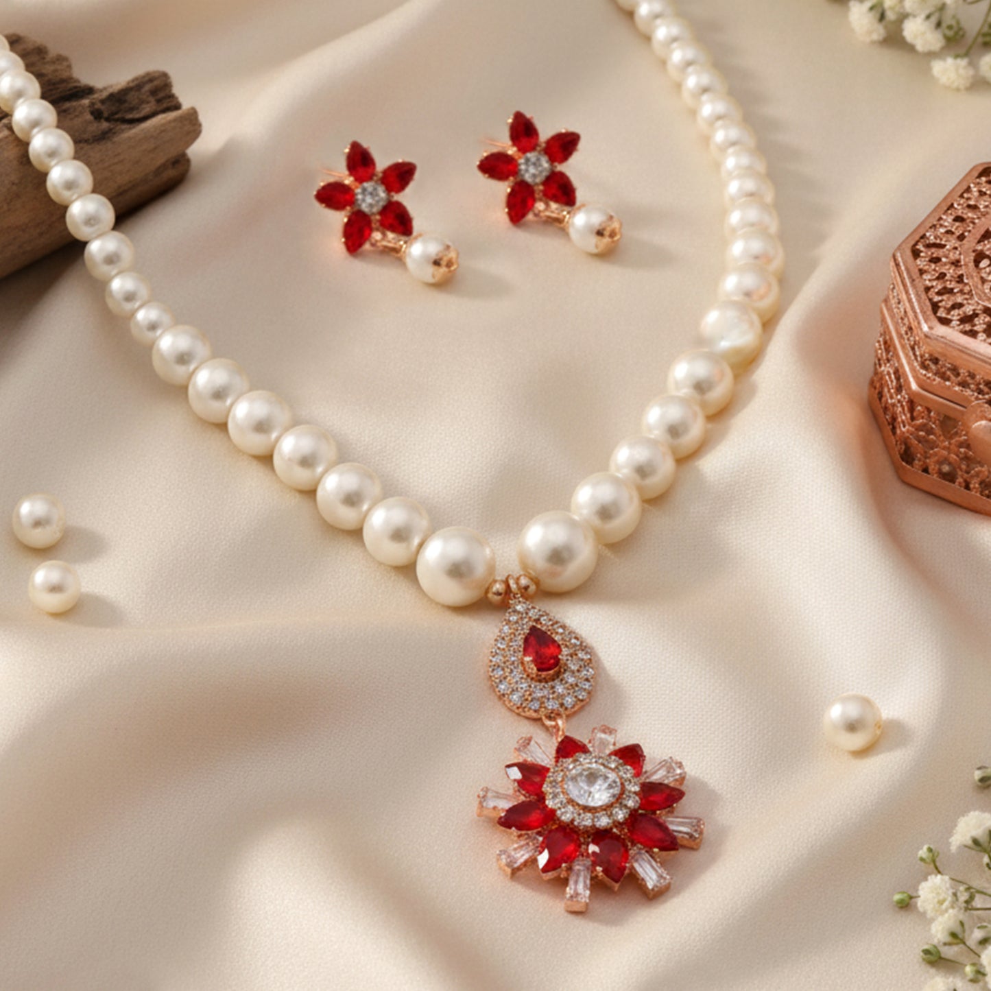Faux Pearl Necklace Set with Red Crystal Floral Statement Pendant